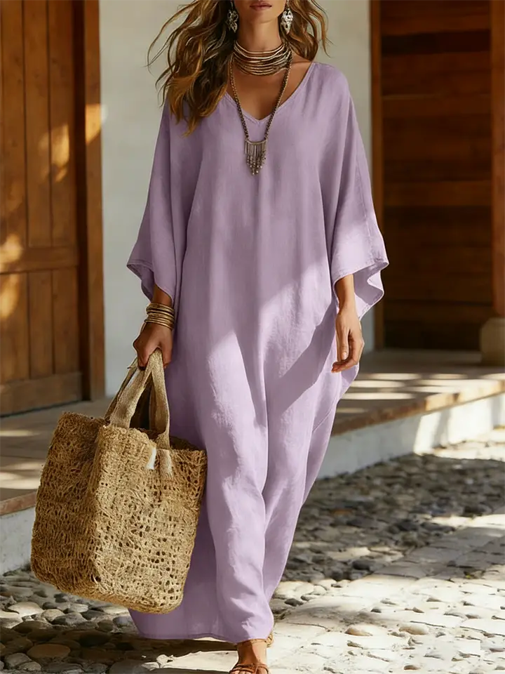 🔥Summer Arrivals🌟Elegant V-neck Linen-cotton Kaftan Dress