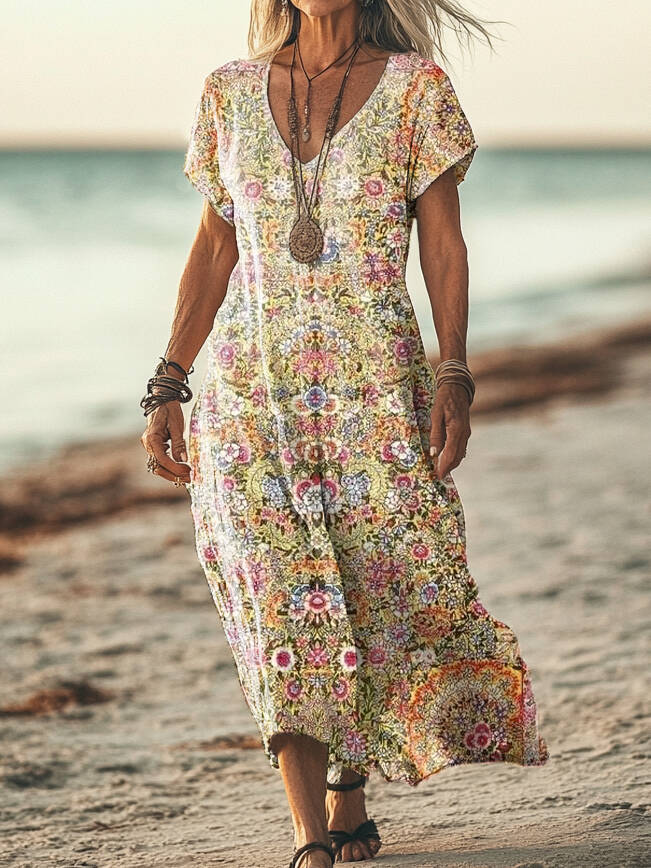 Women's Vintage Ethnic Floral Art Print Pocket Cotton Dress