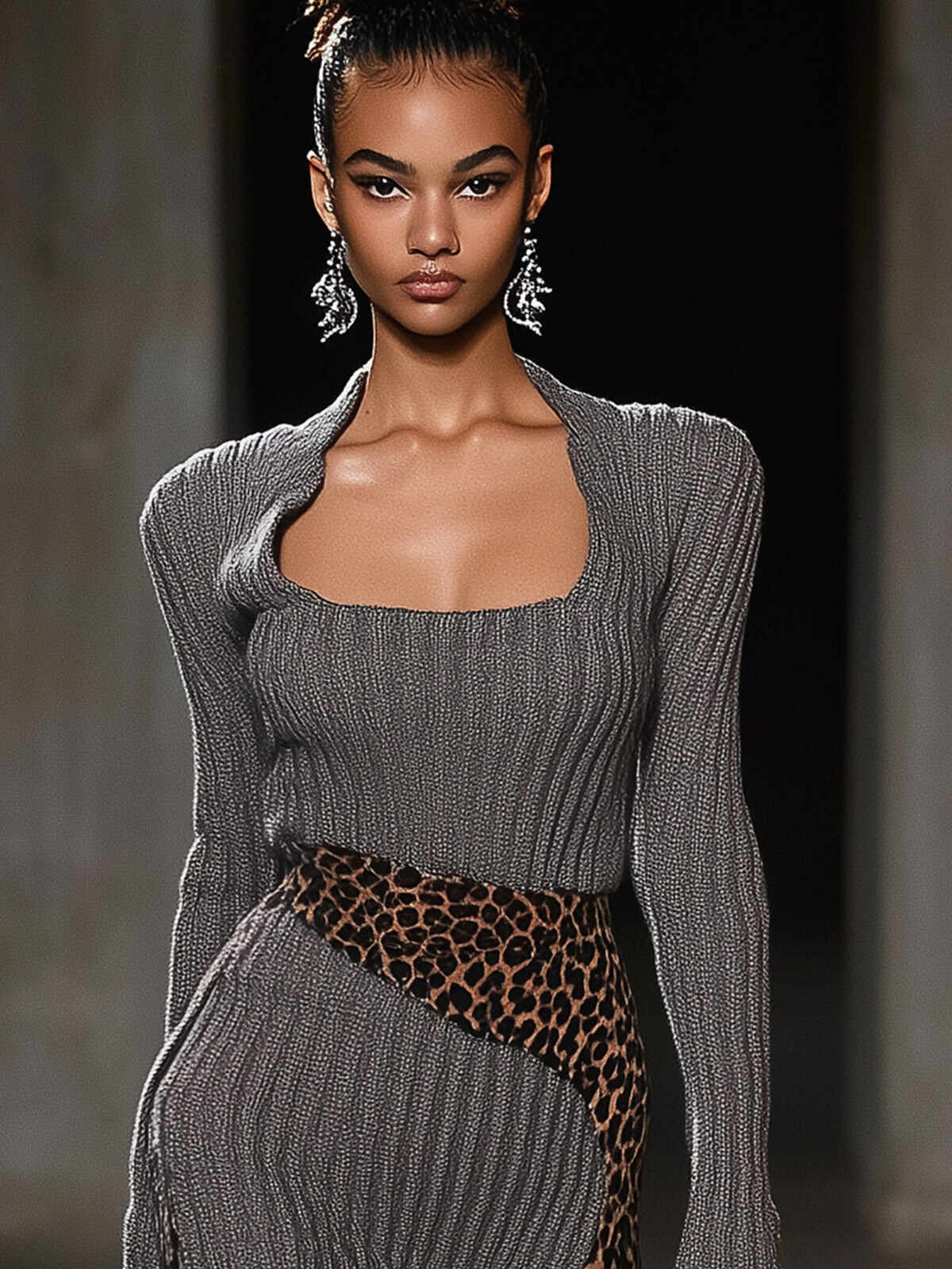 Gray Square Neck Leopard Print Irregular Hem Knit Midi Dress