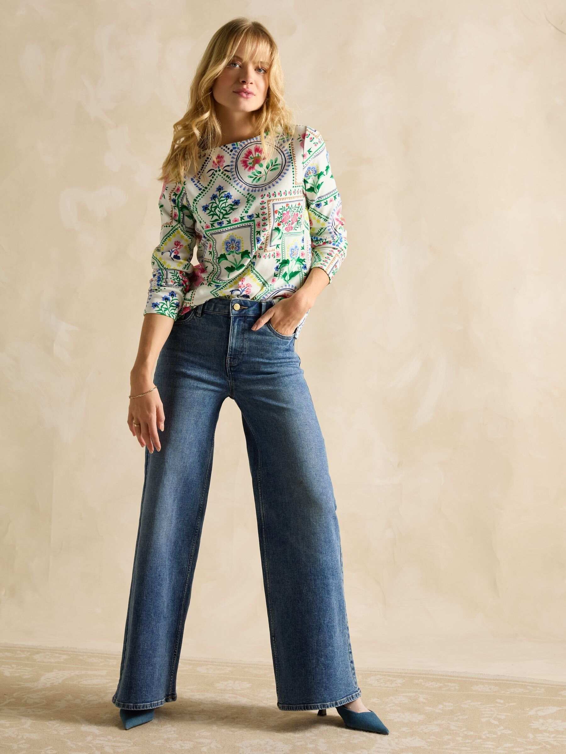 Harbour Cream Tile Print Boat Neck Printed Top