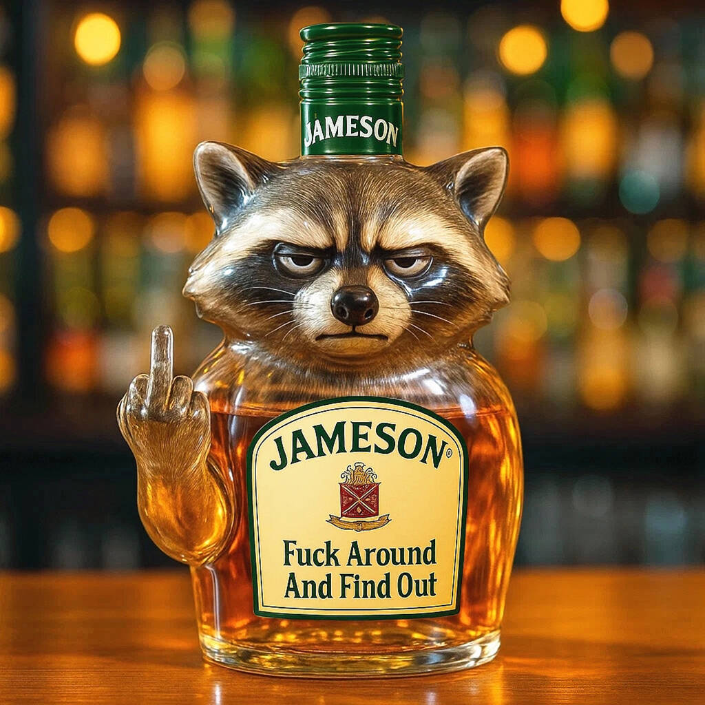 Swear raccoon whiskey bottle