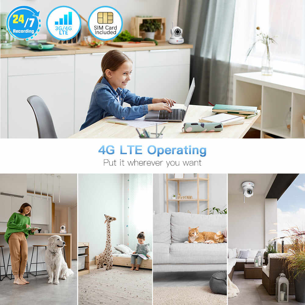 【2nd item $19.99】Ctronics 4G LTE Indoor Surveillance Camera with SIM Card & 360° PTZ Motion/People Auto Detection