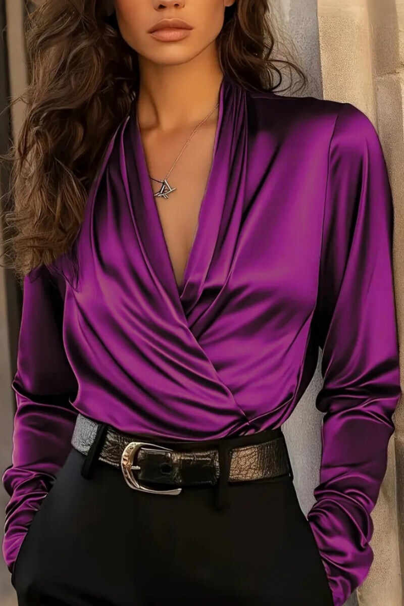 Women's Satin Draped V Neck Wrap Long Sleeve Blouse
