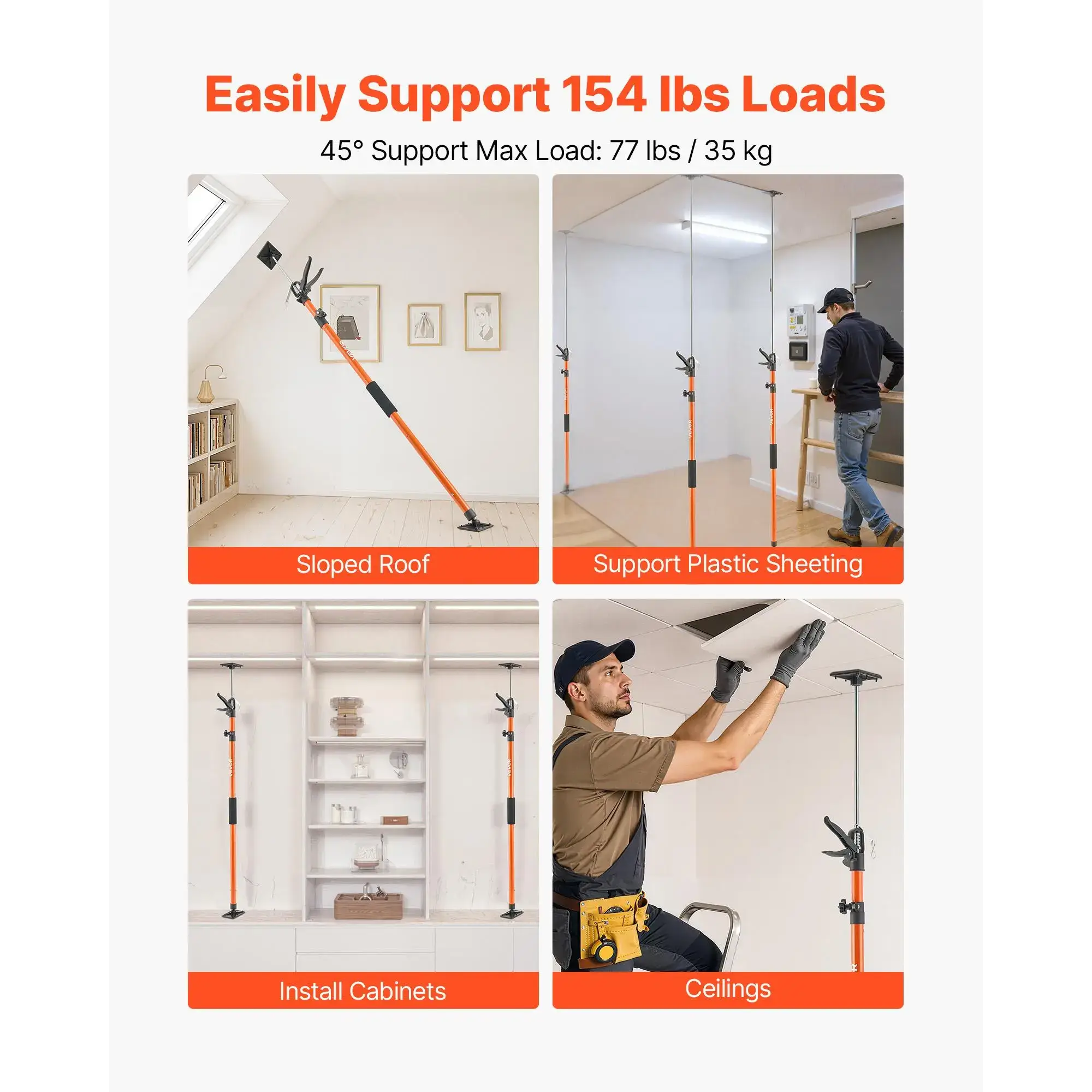 2-Pack Cabinet Jack Support Pole, Steel Telescopic Adjustable 3rd Hand System with Carry Bag, 45.7-114.2 in Adjustable Angle Weight Support Rod, 154 lbs Capacity for Cabinet Installation, Drywall Lifting