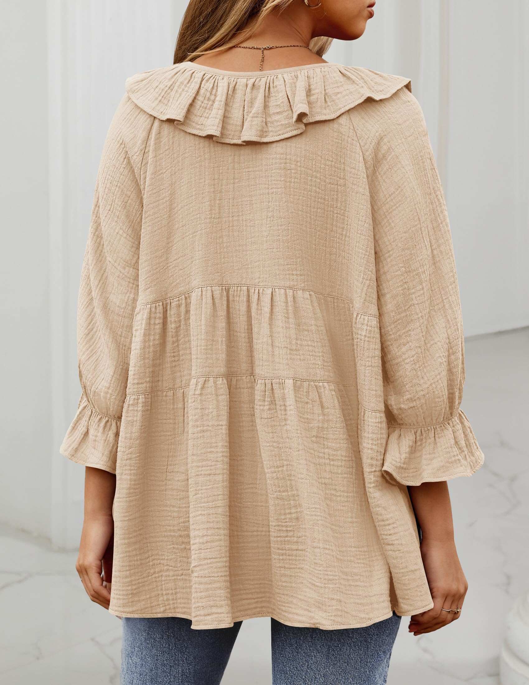 Women’s Scoop Neck 3/4 Length Sleeve Tie Front Ruffle Tiered Tunic Shirts