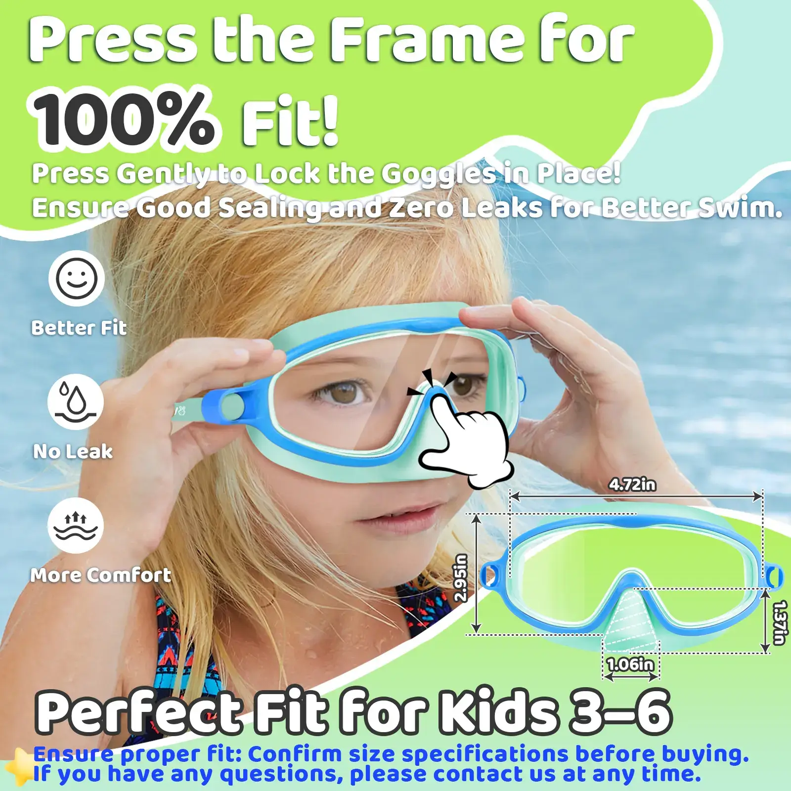 Swim Goggles 2 Pcs with Nose Cover for Ages 3-12+ Kids,Youth,UV Protection Anti-Fog Wide View Anti-Shattered Lens for Boys and Girls - Safety anti-uv swim glass anti-fog swimming goggles for Outdoor, Lake,Beach, Summer Party