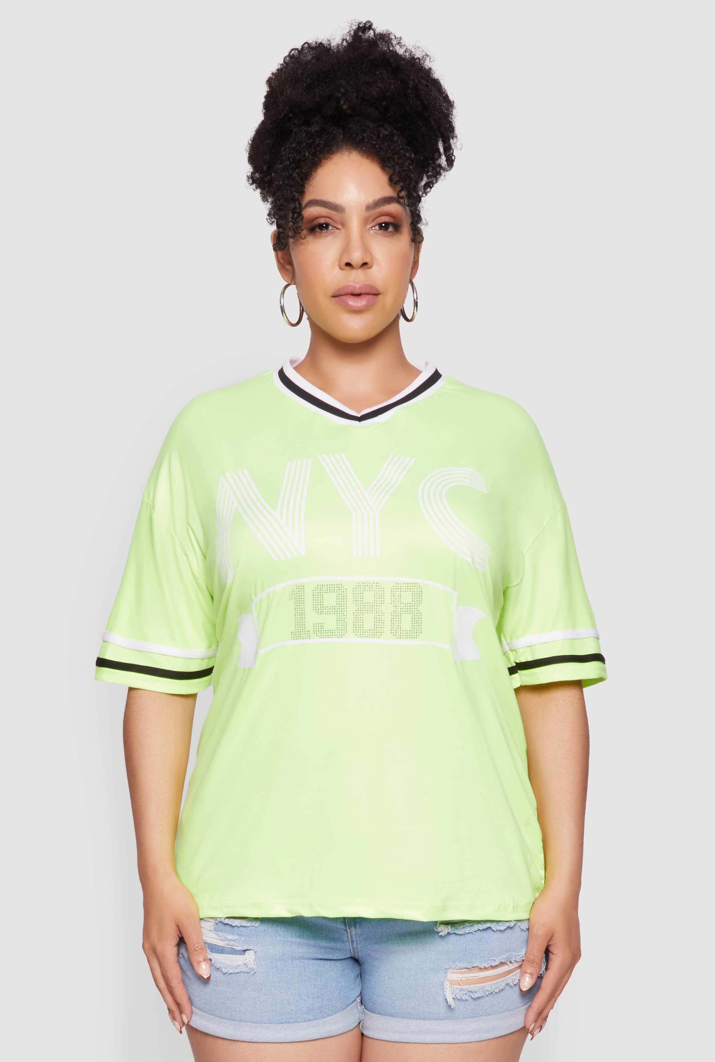 Plus Size NYC 1988 Rhinestone Varsity Stripe V Neck T Shirt