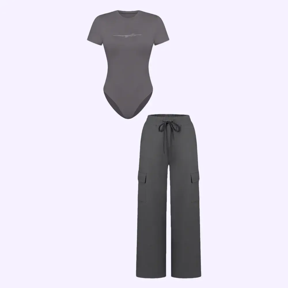 🔥Spring Fresh Sale 🎁Women's Knit Letter Print Two-Piece Set, Casual Fitted Short Sleeve Round Neck Jumpsuit & Drawstring Long Pants