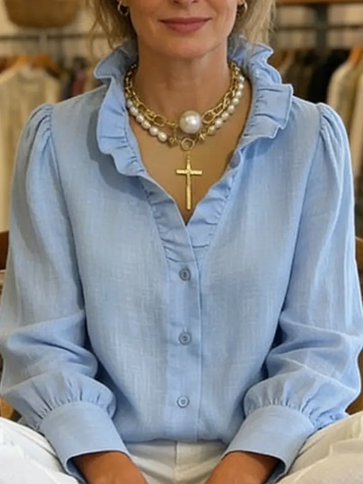 🔥Summer Arrivals🌟Vintage Romantic Ruffled V-neck Linen-cotton Blend Shirt