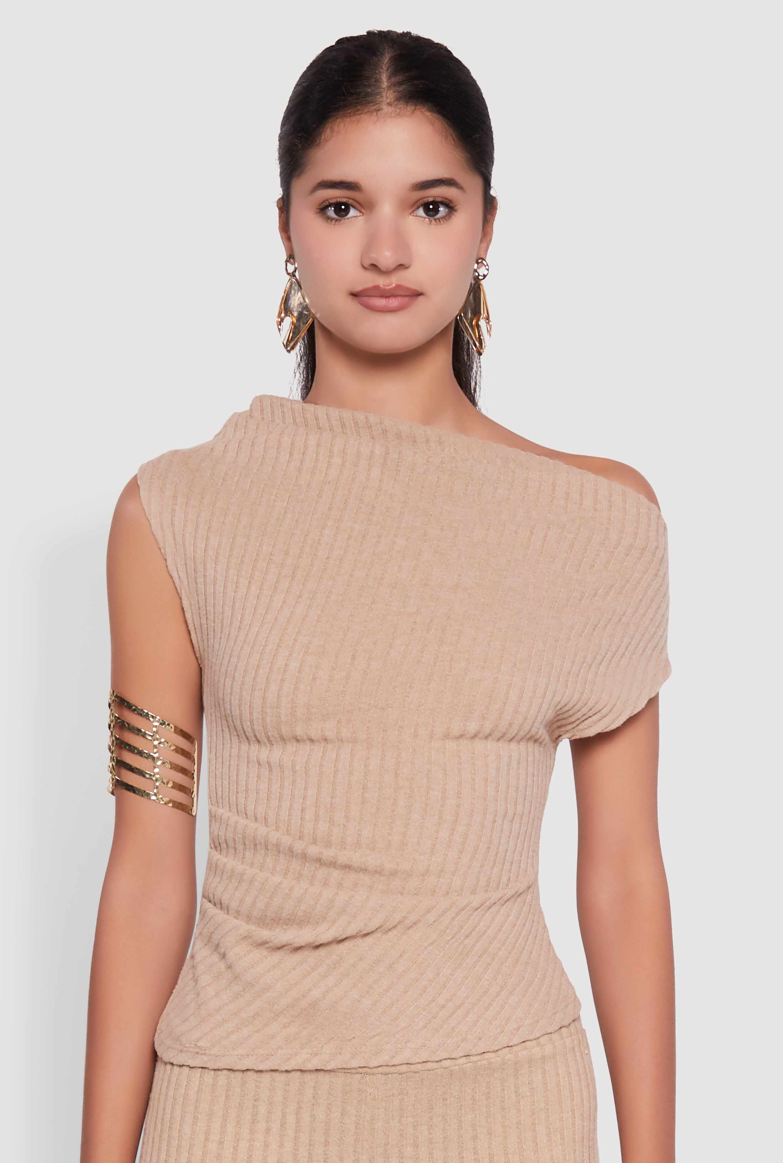 Ribbed Knit Solid One Shoulder Blouse
