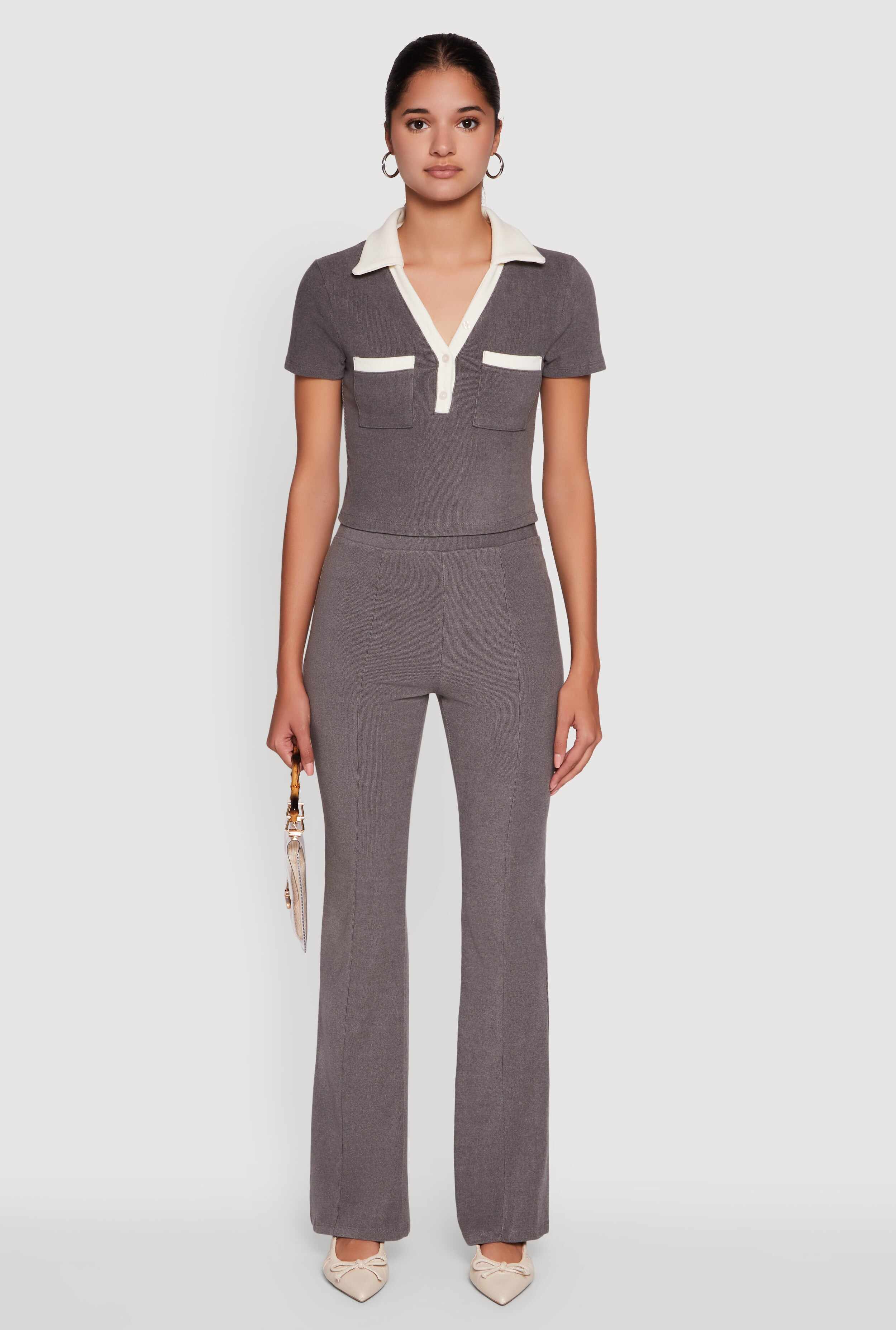 Brushed Knit Contrast Trim Cropped Polo Shirt
