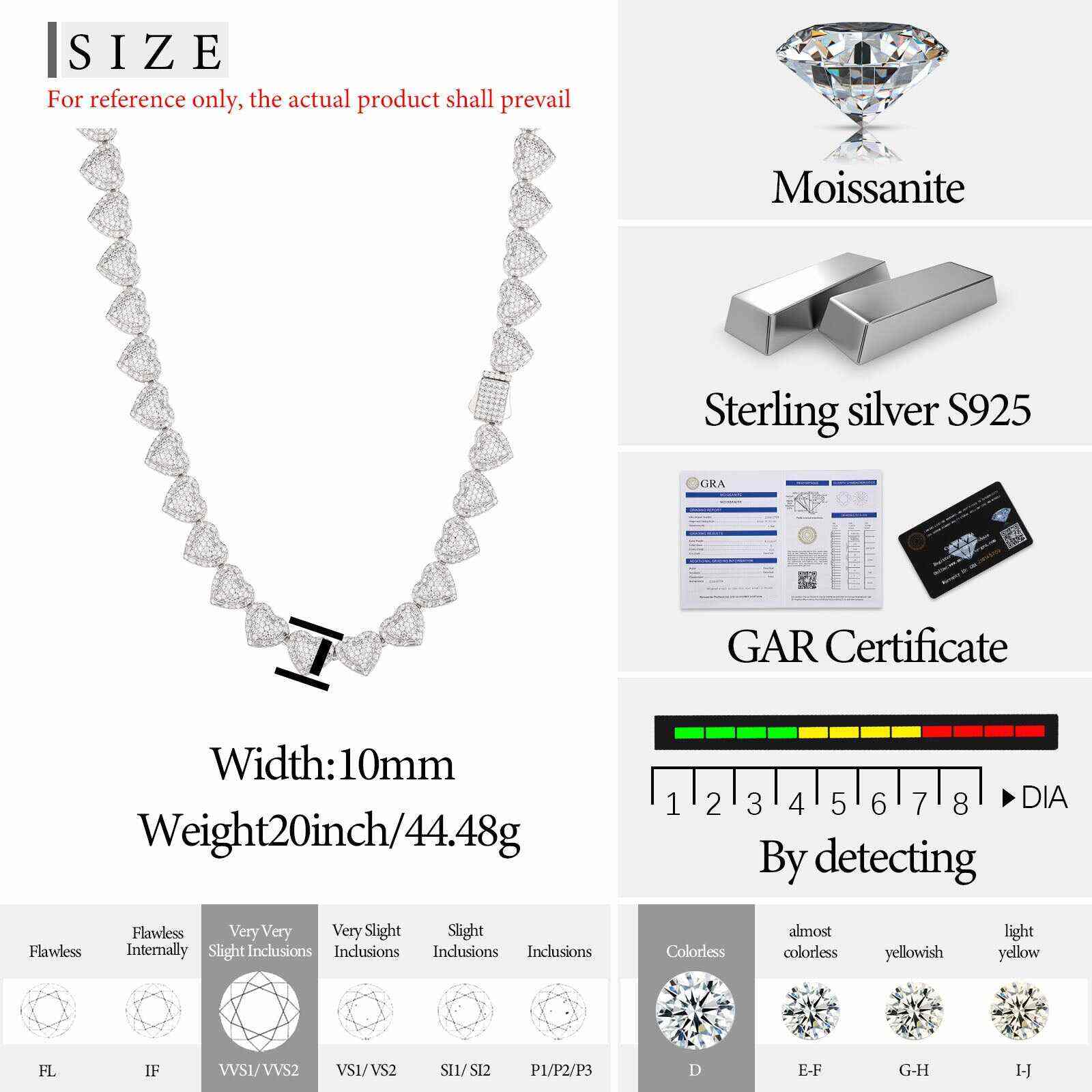 TestTest 10mm S925 Baguette Moissanite Iced Heart Link Chain