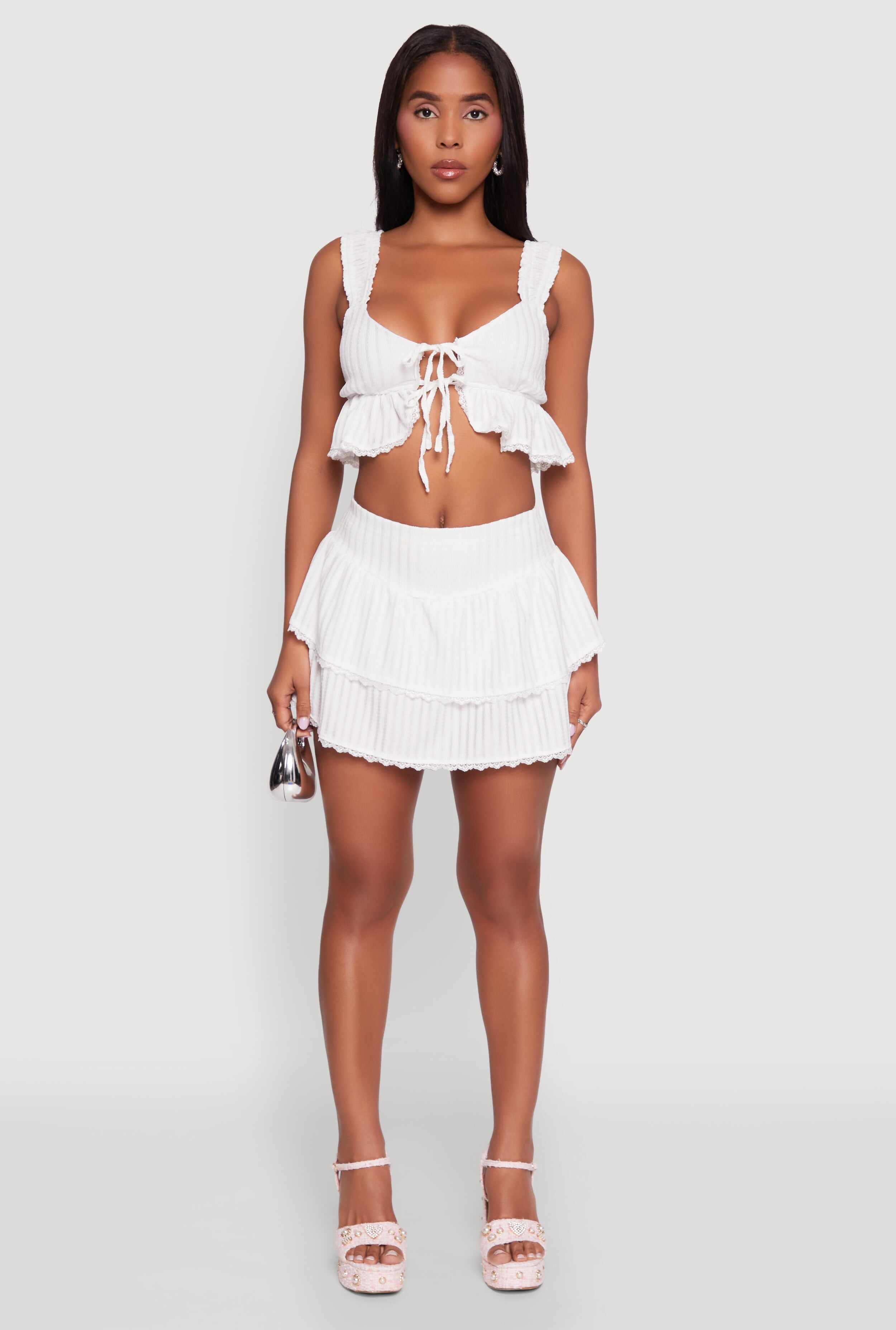 Haute Monde Lace Detail Crop Top with Tie Front