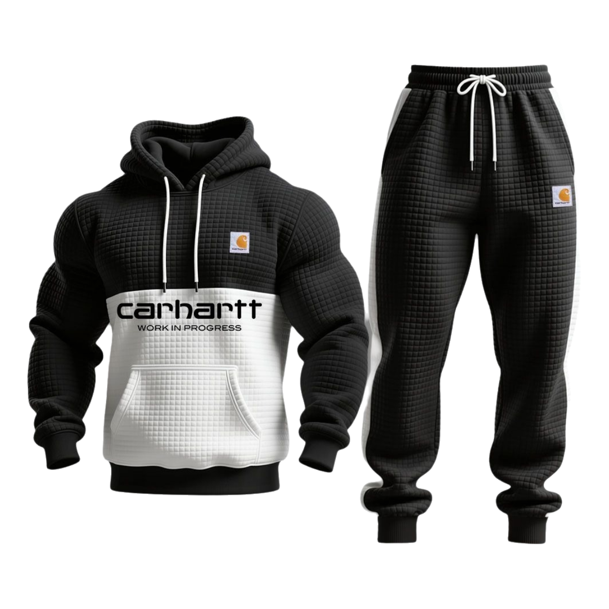 Men's Vintage Black White Waffle Quilted Plaid Pocket Hoodie And Sweatpants Jogger Set