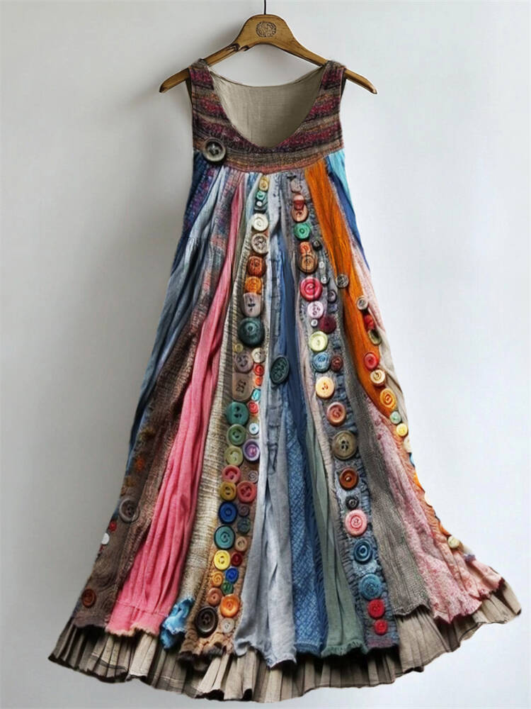 Boho Colorful Textile Flowy Linen Blend Tank Dress