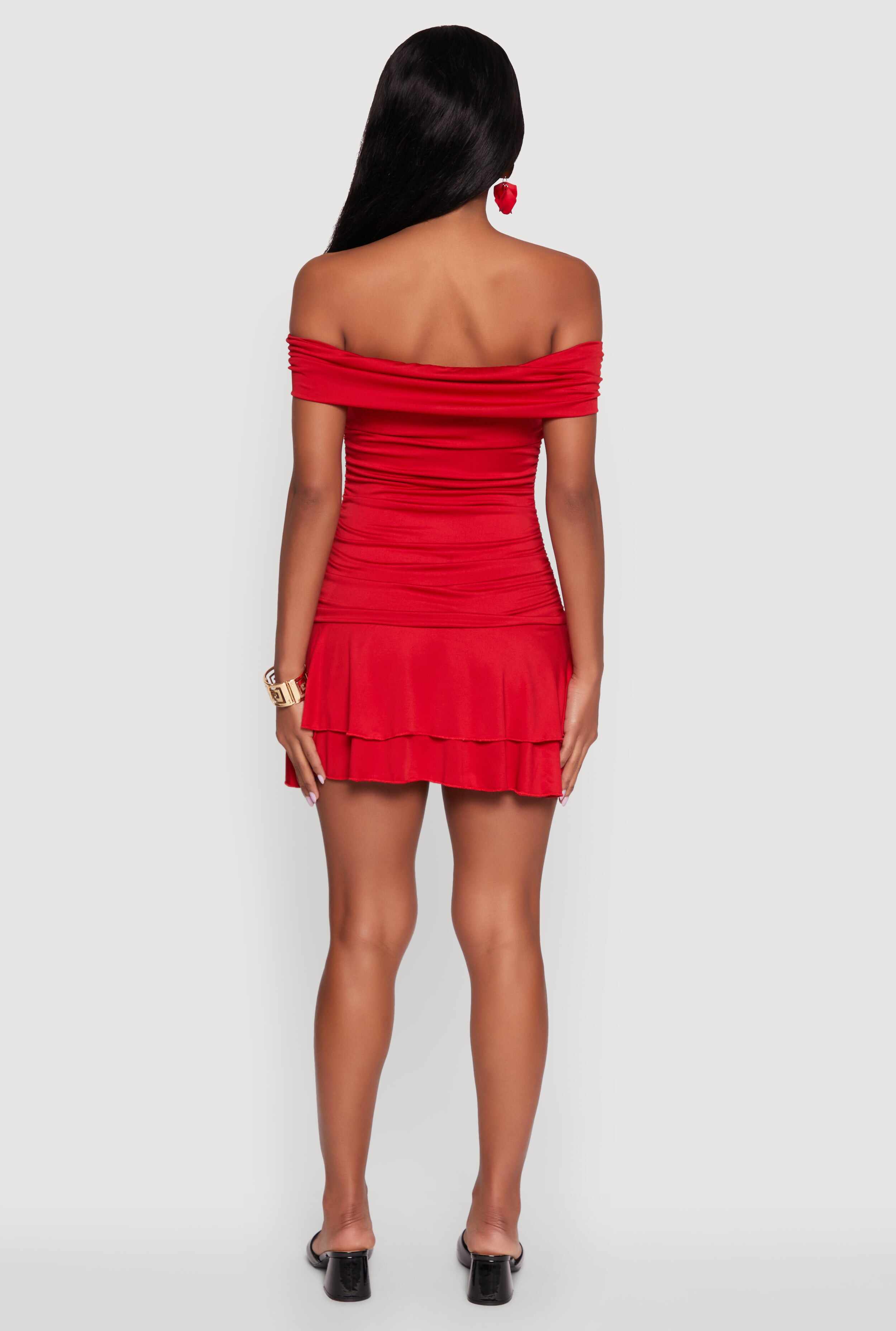 Off the Shoulder Ruched Tiered Bodycon Dress