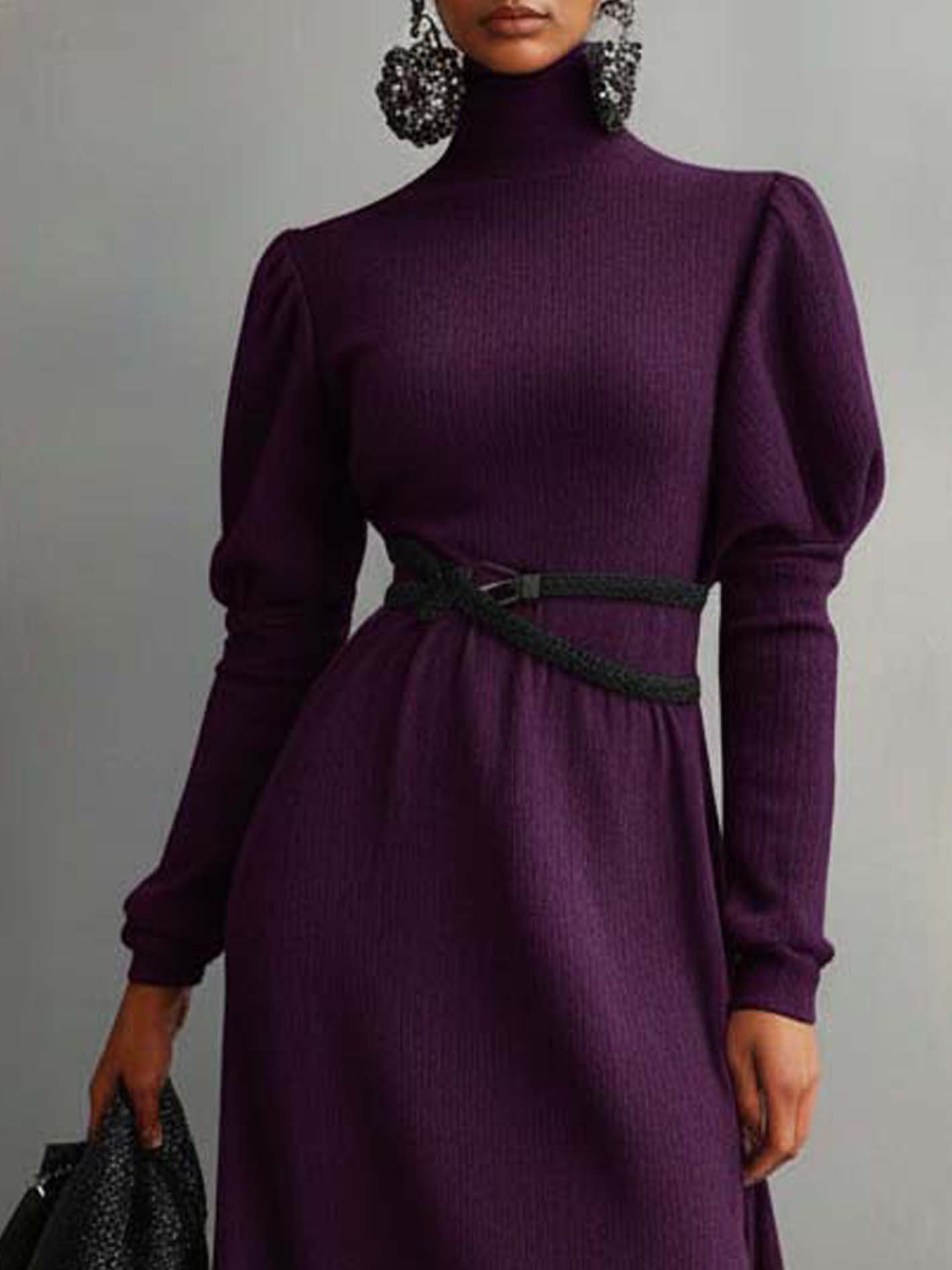 High-neck Purple Knitted Midi Dress With Black Belt