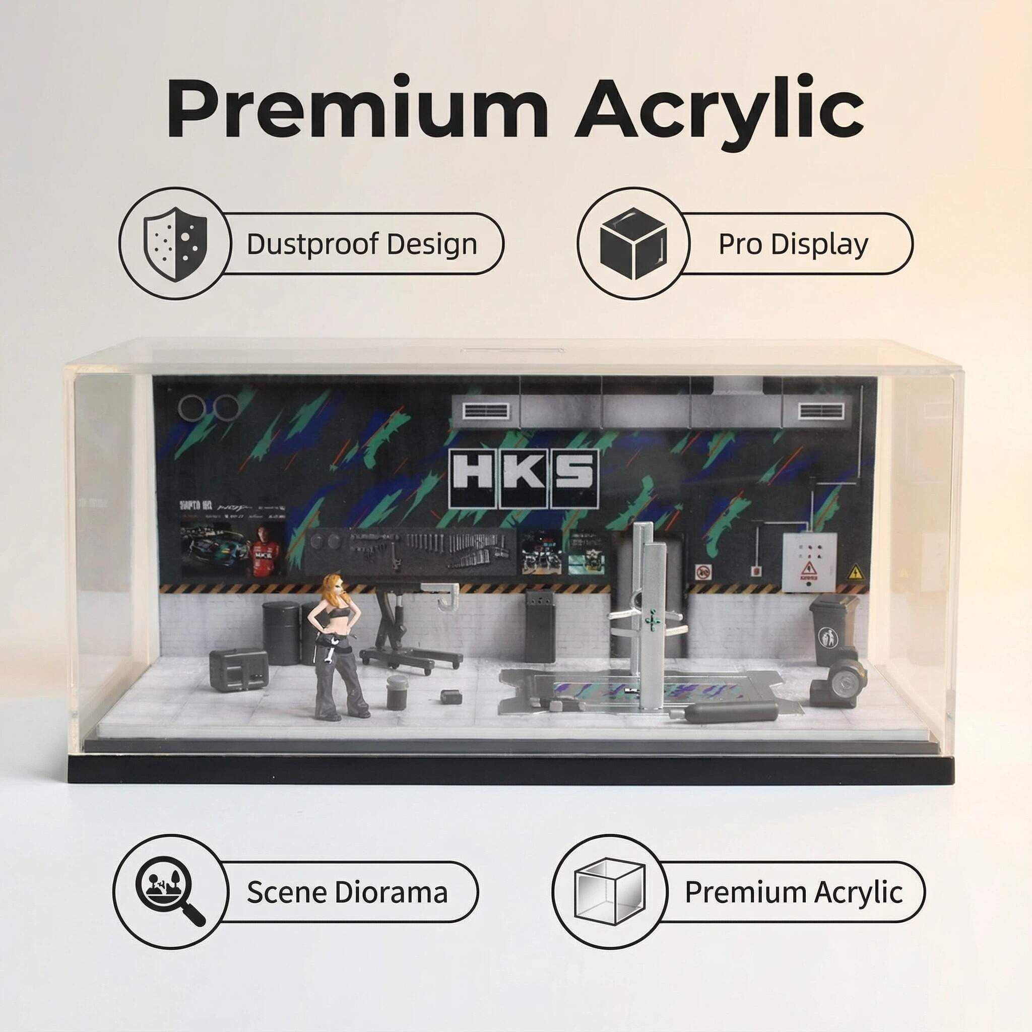 1:64 Scale Performance Tuning Garage Diorama Display Case – Motorsport Workshop Scene for Diecast Cars