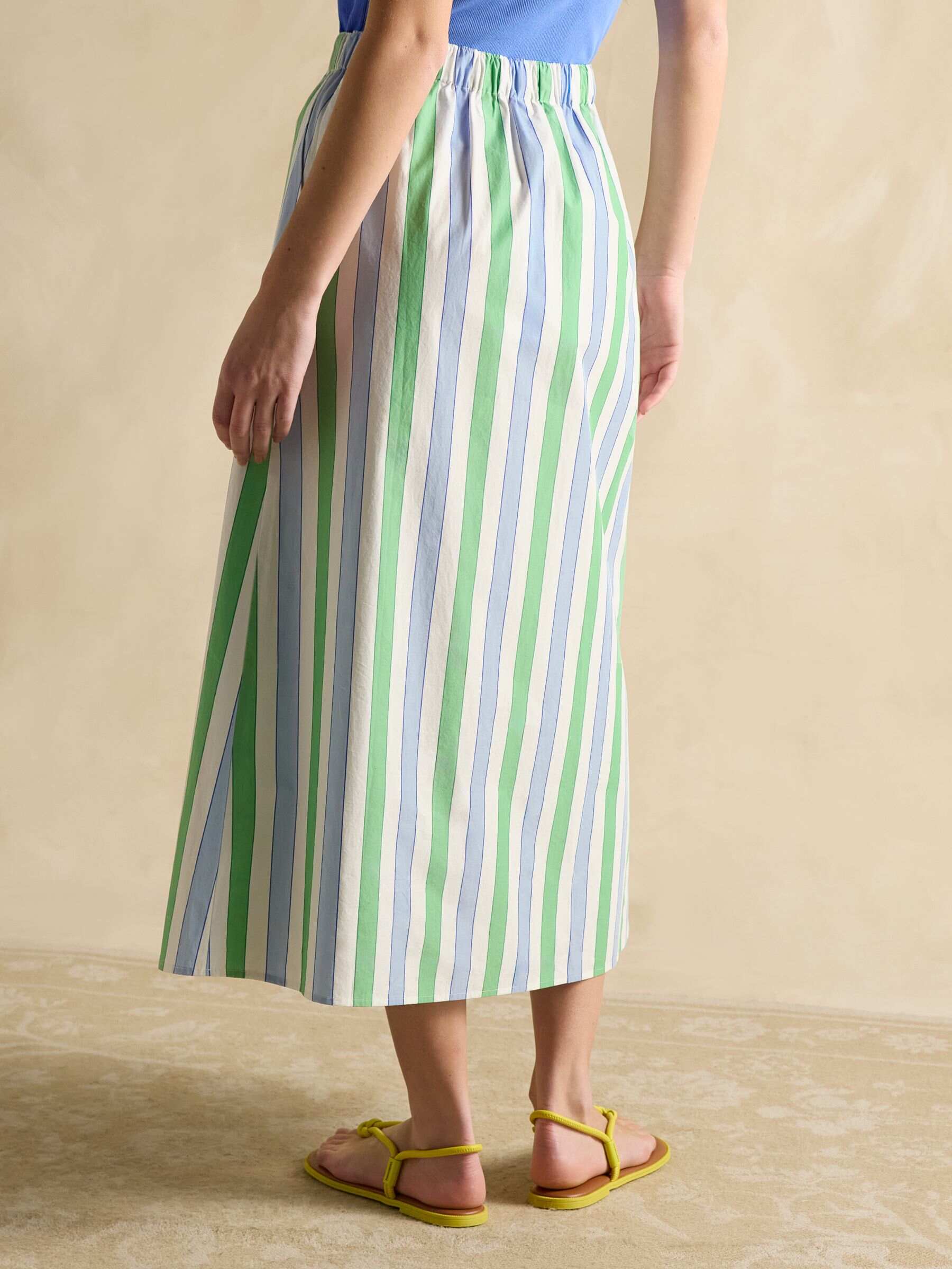 Blue/Green Stripe Cotton Poplin Midi Skirt