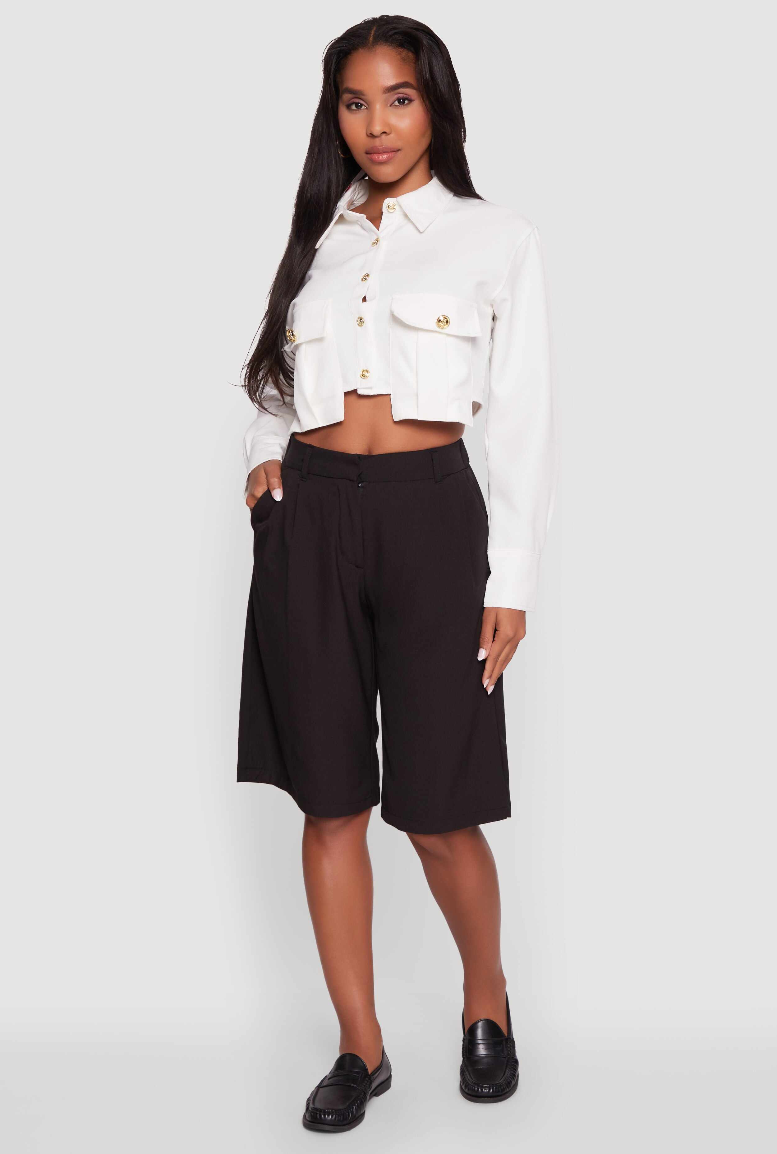 Classic Fit Solid Long Sleeve Shirt with Cropped Hem