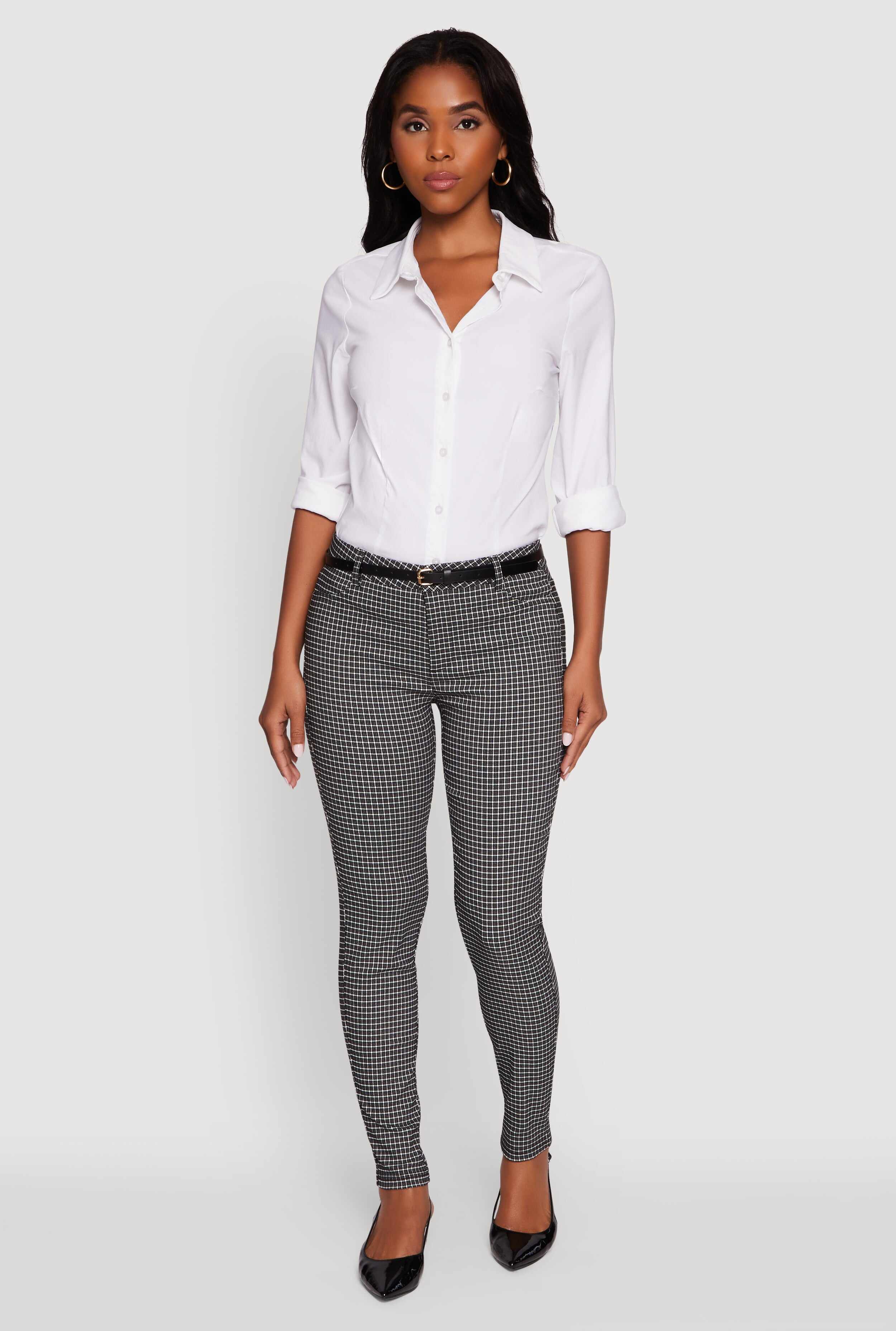 Plaid Skinny Leg Dress Pants with Belt