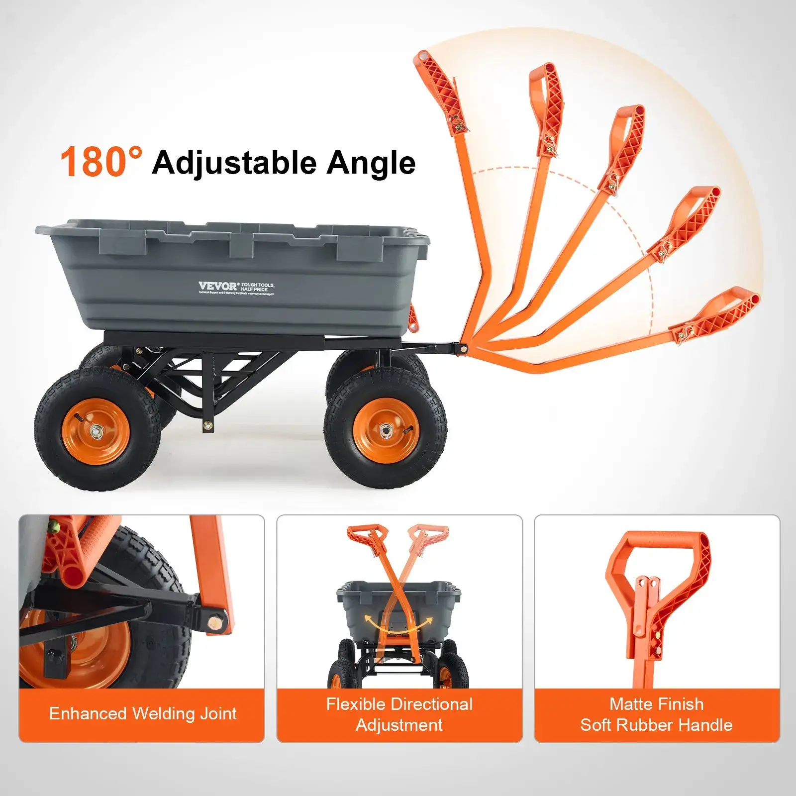 VEVOR Poly Garden Dump Cart with Easy to Assemble Steel Frame, TikTokShopBlackFriday, 2-in-1 Convertible Handle, 13 Inch Tires, Max Capacity 1500 lbs, Utility Wheelbarrow Productivity Yard