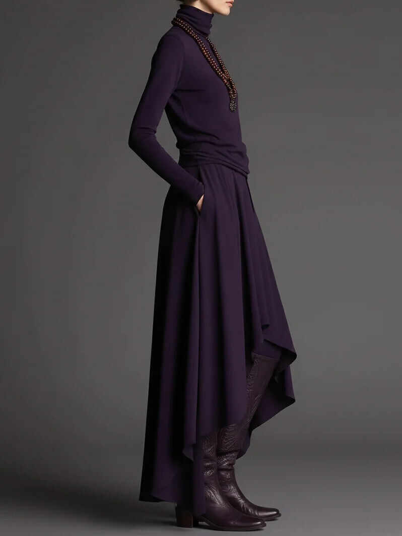 Purple Turtleneck Top and Asymmetrical Skirt Two-piece Set