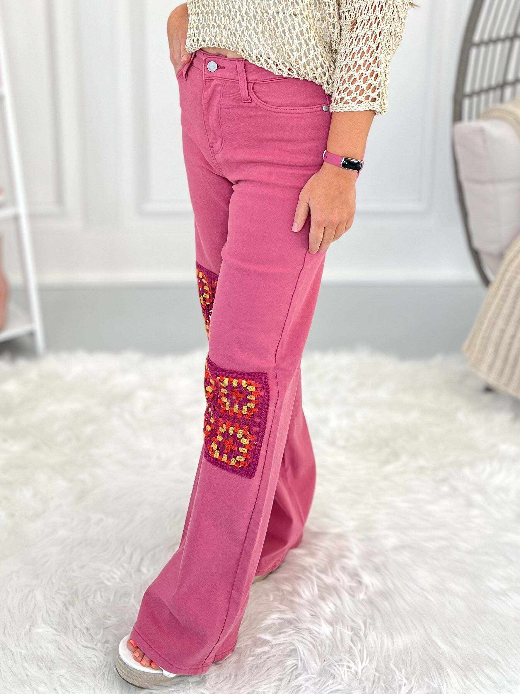 Christmas - Dusty Pink Dyed Crochet Patched Wide Jeans - Final Sale