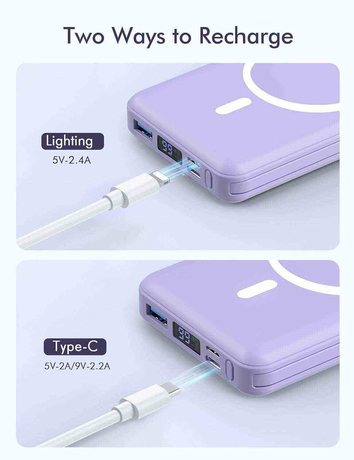 podoru Wireless Portable Charger, 10000mAh Magnetic Power Bank Built-in USB-C Lighting Cables 22.5W PD Fast Charging LED Display Mag-Safe Battery Pack for iPhone 15/14/13/12/Mini/Pro/Pro Max - White