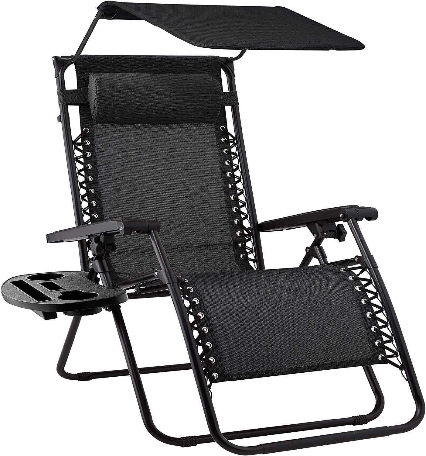 Folding Zero Gravity Recliner Patio Lounge Chair w/Adjustable Canopy Shade, Headrest, Side Accessory Tray, Textilene Mesh - Beige