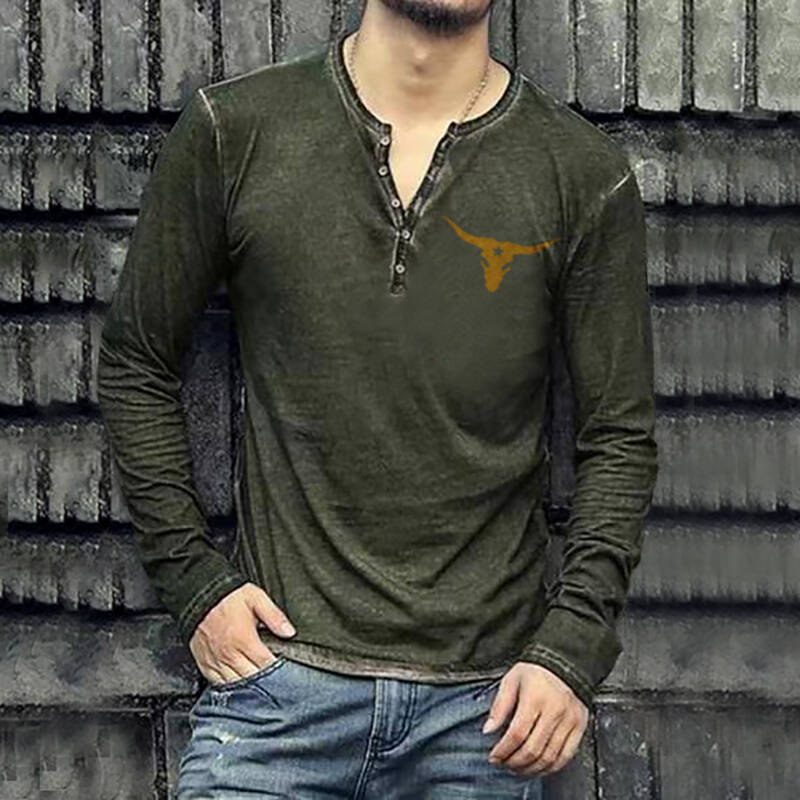 Western Bull Head Print  Henry Collar T-Shirt