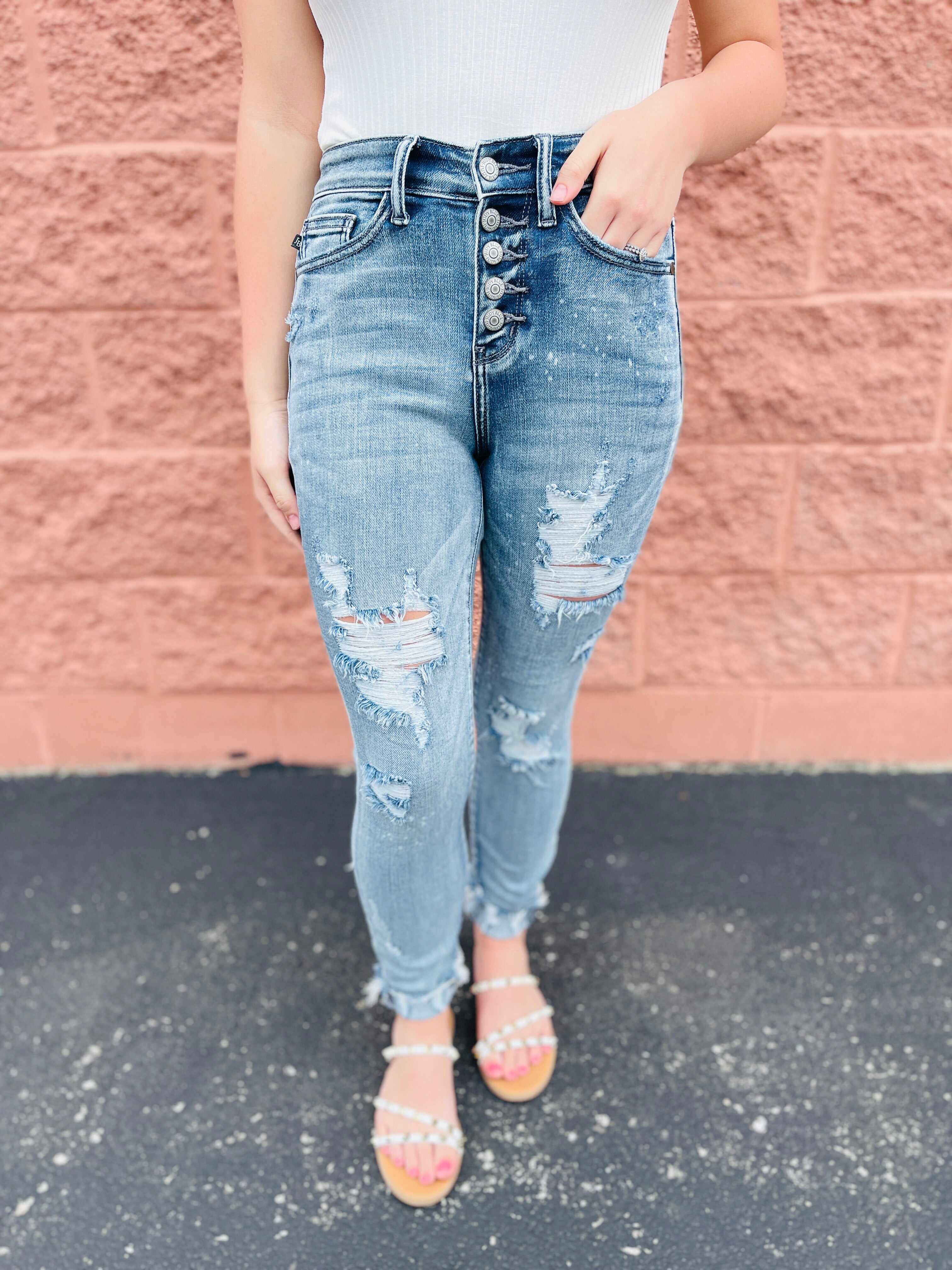 RESTOCK PLUS/REG Not A Basic Bleach Splatter Button Fly Skinny Jeans
