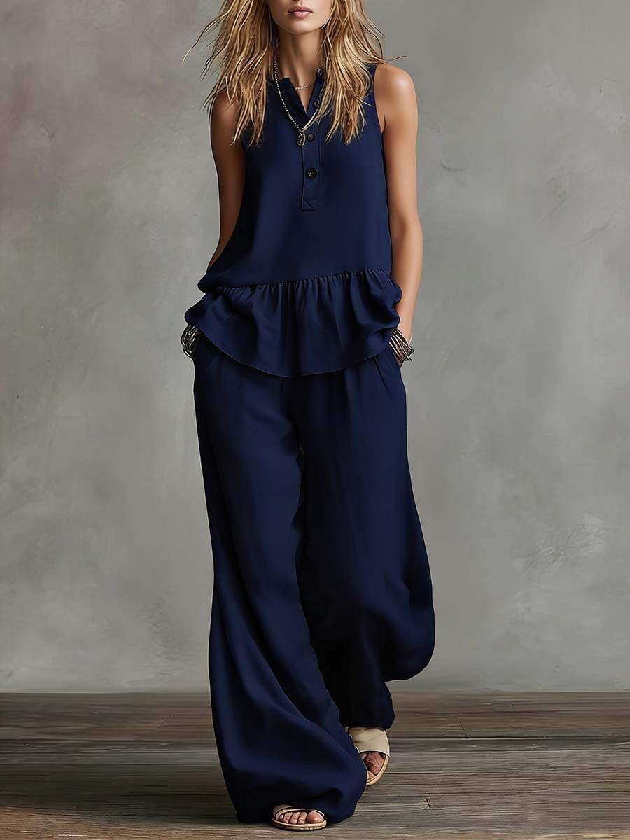 🔥Summer Arrivals🌟Women's Round Neck Sleeveless Casual Loose Cotton Top And High Waist Casual Loose Wide Leg Pants Set