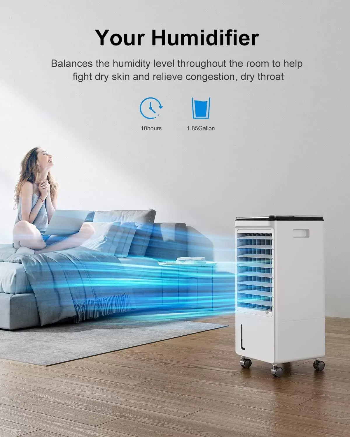 Cozzyben Air Conditioner Portable for Room, 3-IN-1 Evaporative Air Cooler, Windowless Ac Fan for Bedroom Indoor 1.85 Gal Water Tank, 3 Speeds, 80°Oscillation, Remote Control, 1-7H Timer & 4 Ice Pack