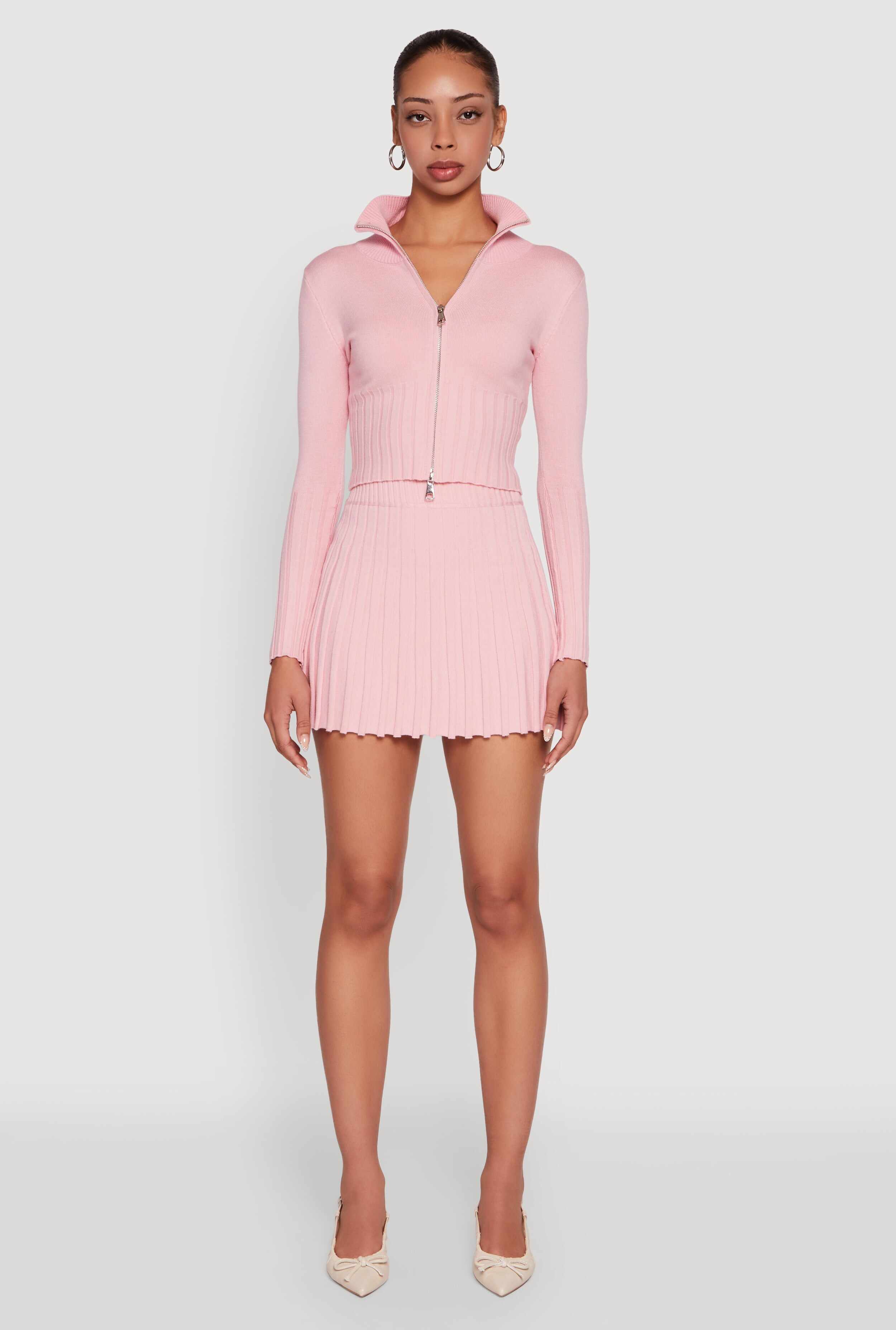 Classic Fit Zip Front Mock Neck Cropped Sweater