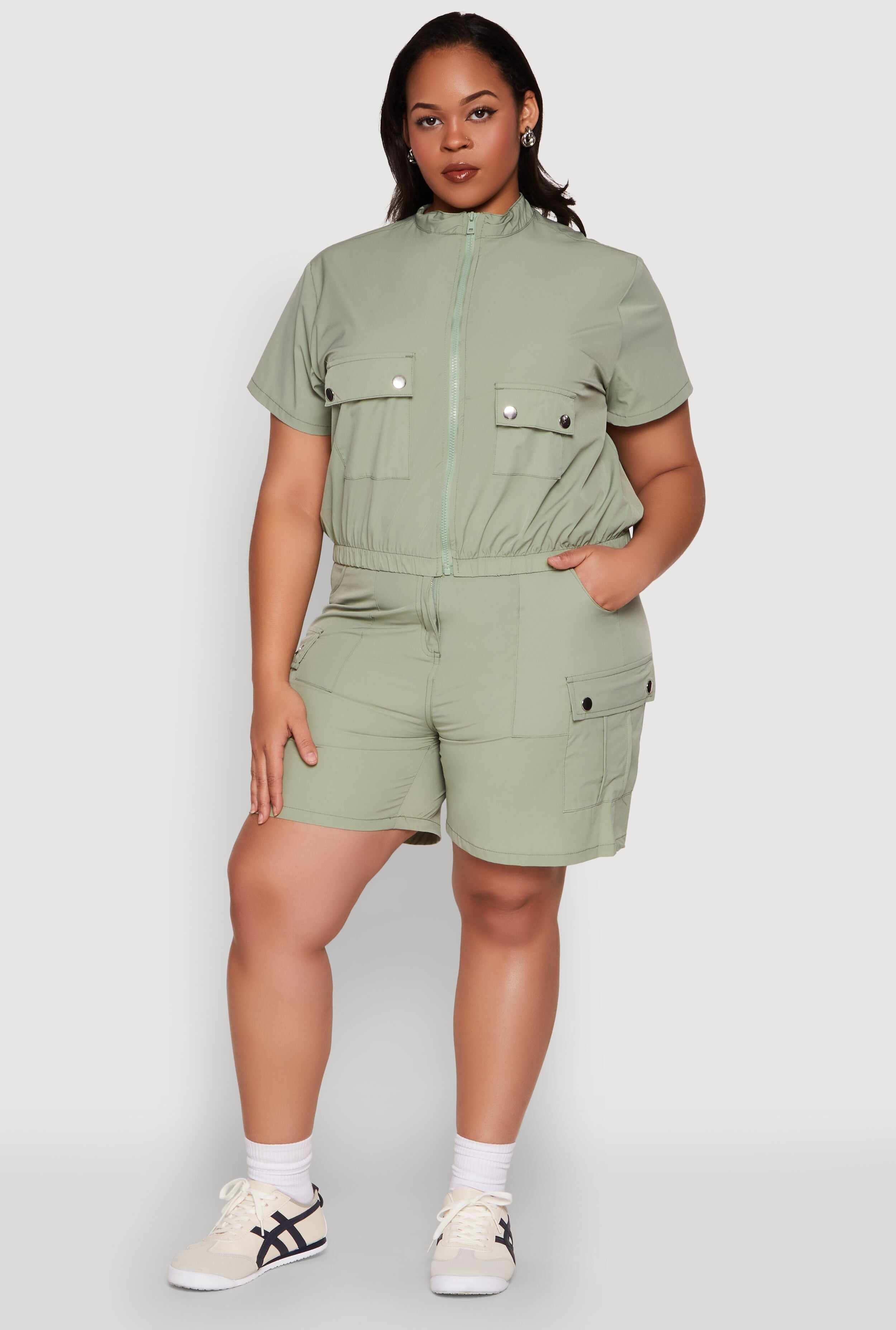 Plus Size Nylon Utility Zip Up Top