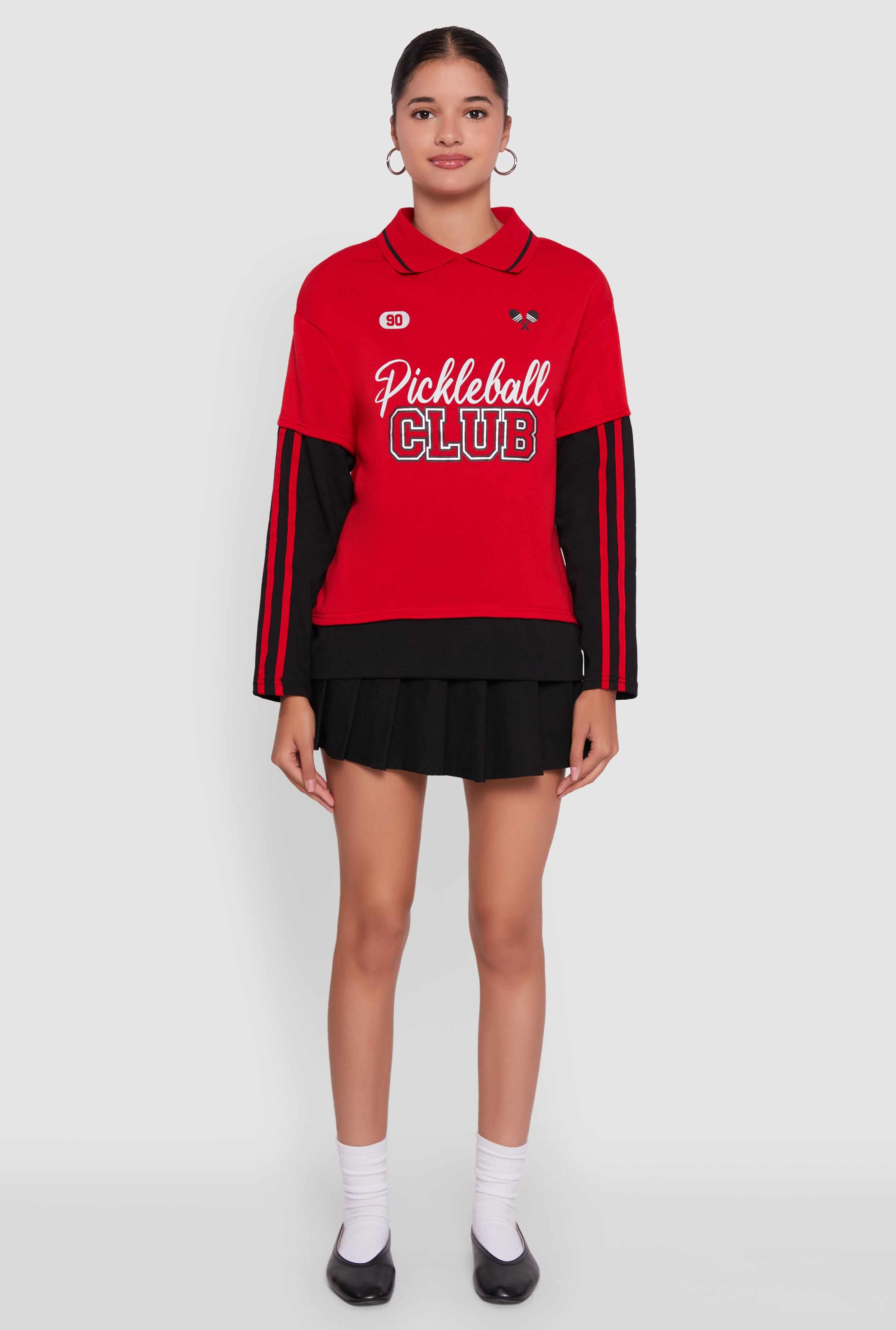 Varsity Stripe Foil Screen Graphic Layered Look Sweater