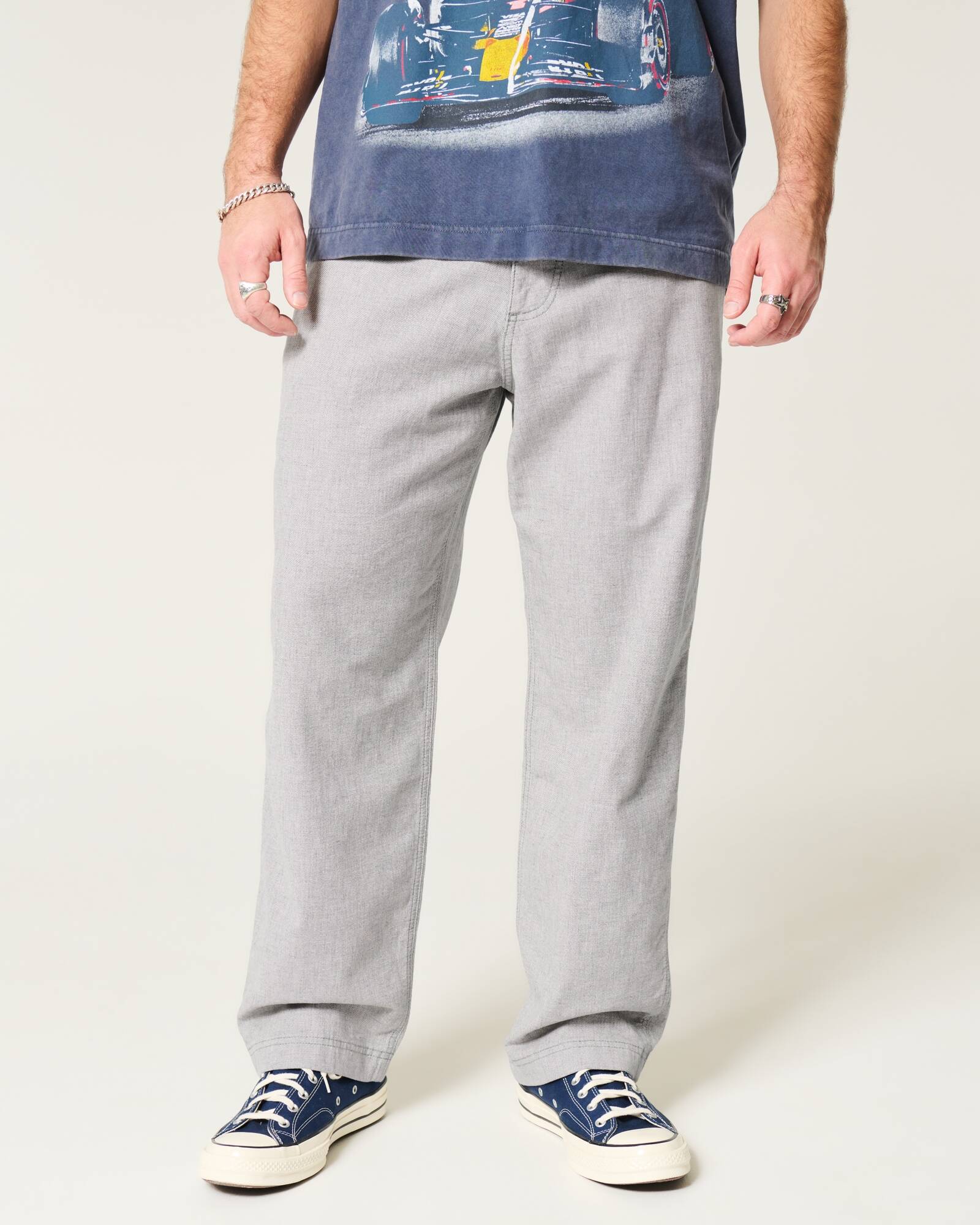 Linen-Blend Flex Waist Baggy Pants