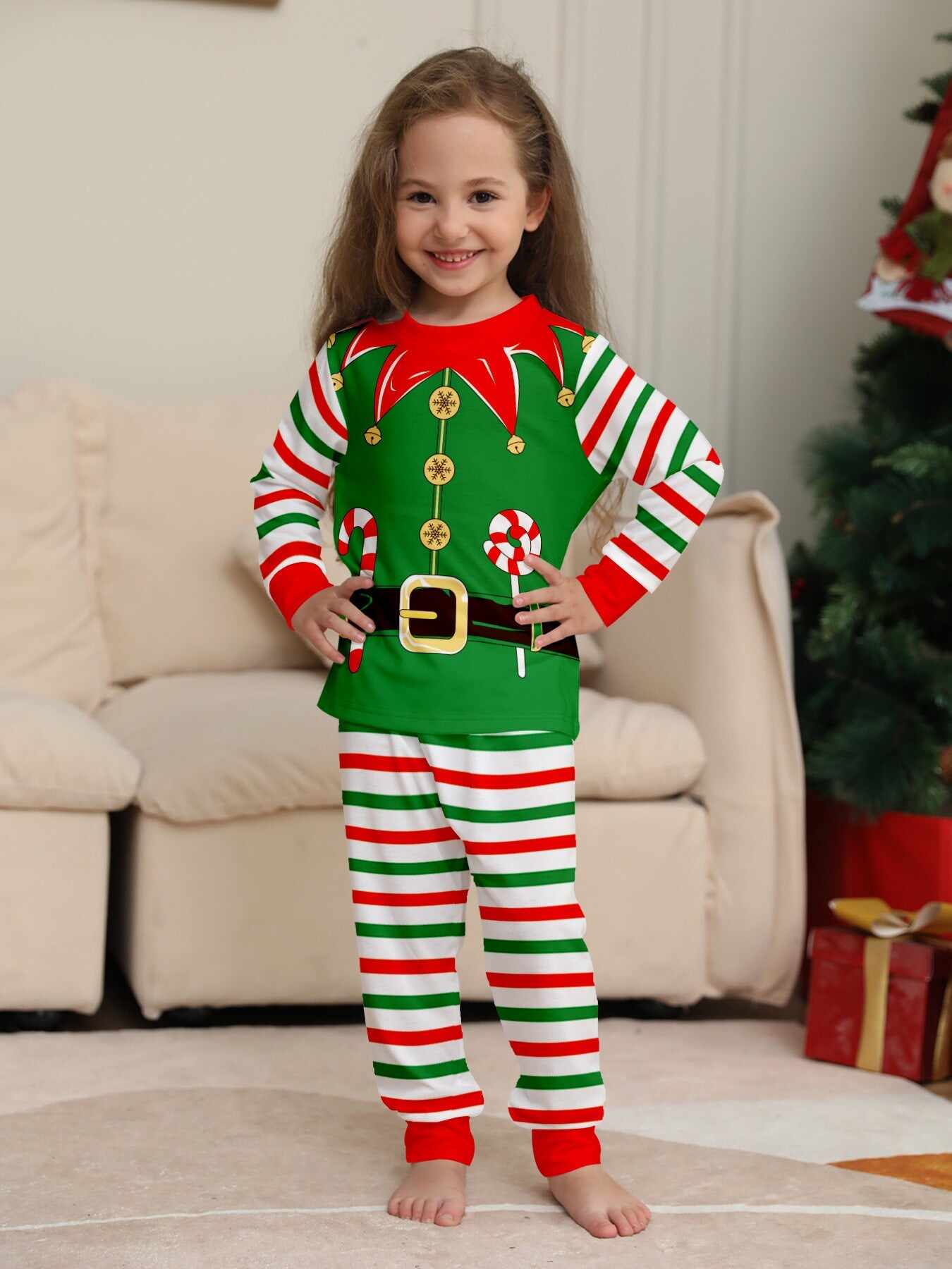 2024 3D Print Christmas Family Pajamas Red Green Striped Crutch Xmas Pajamas