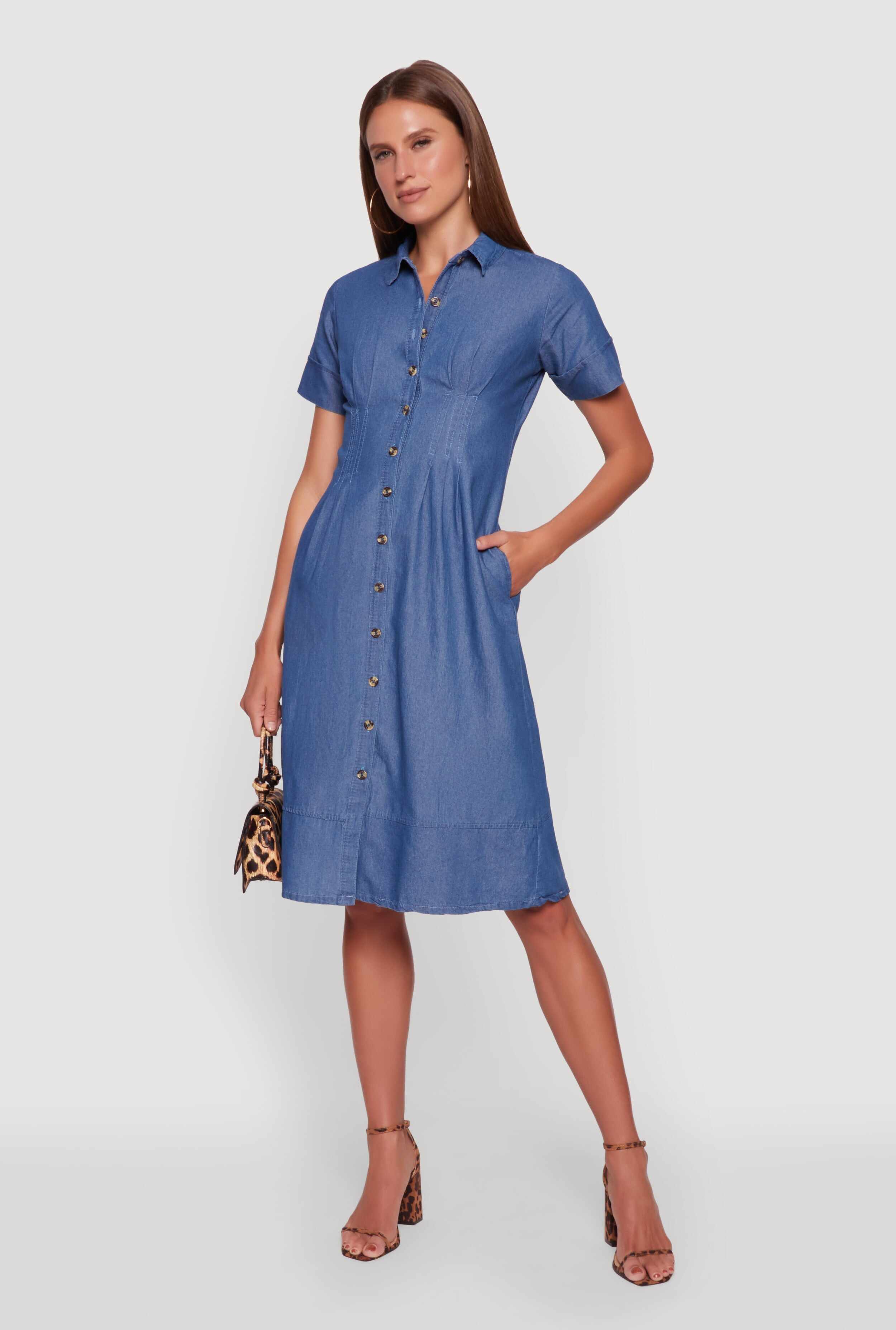 Denim Button Front Midi Shirt Dress