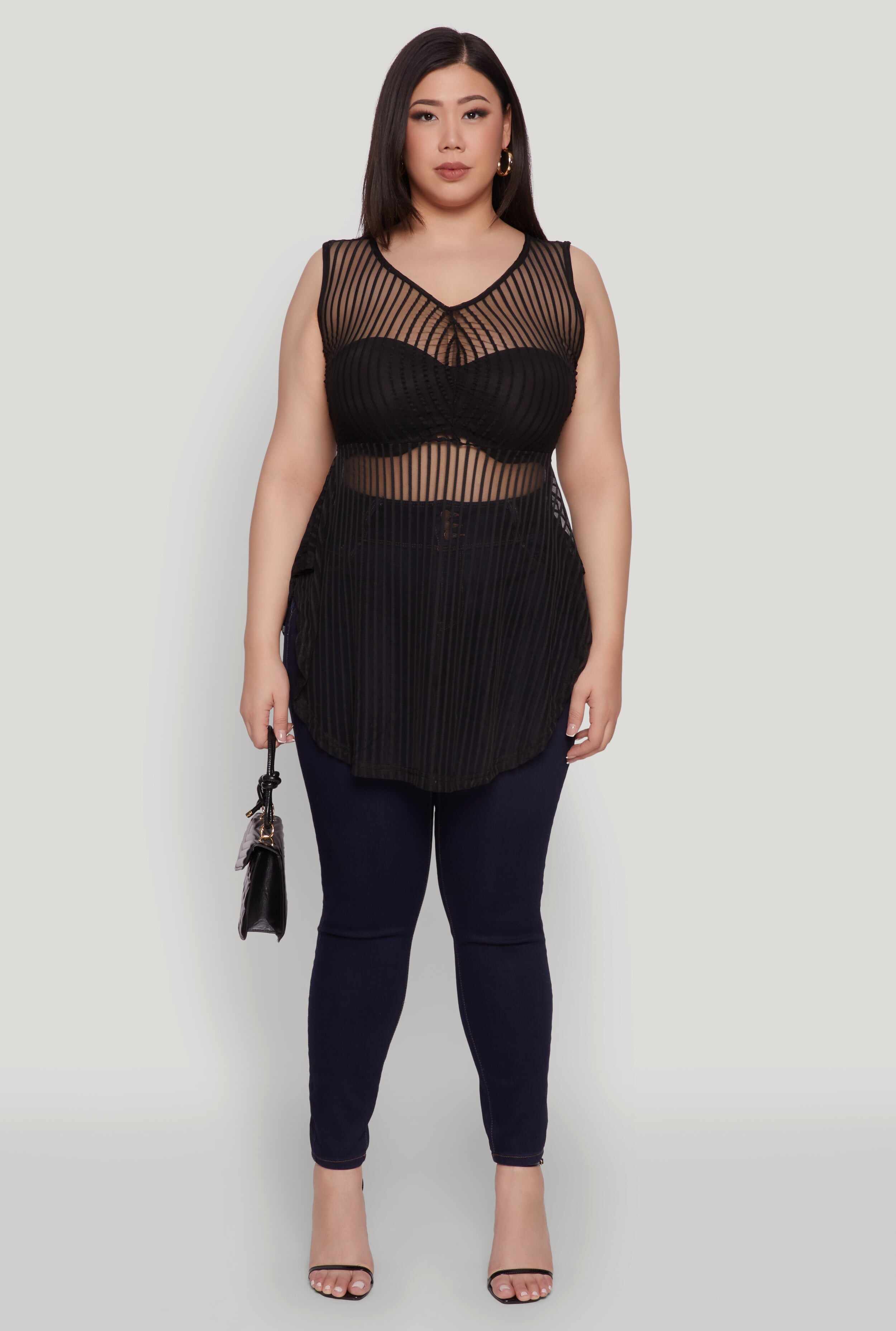 Plus Size Shadow Stripe Sleeveless Mesh Top