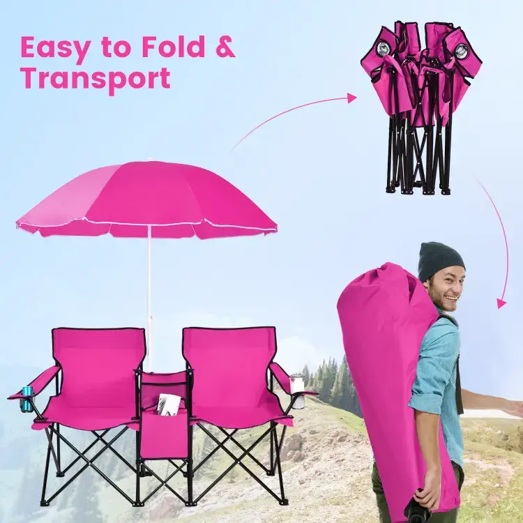 COSTWAY Double Portable Picnic Chairs, Folding Camping Chairs w/Detachable Umbrella, Cooler Bag, Cup Holders, Patio Beach Camping Chairs for Outdoors football baseball season