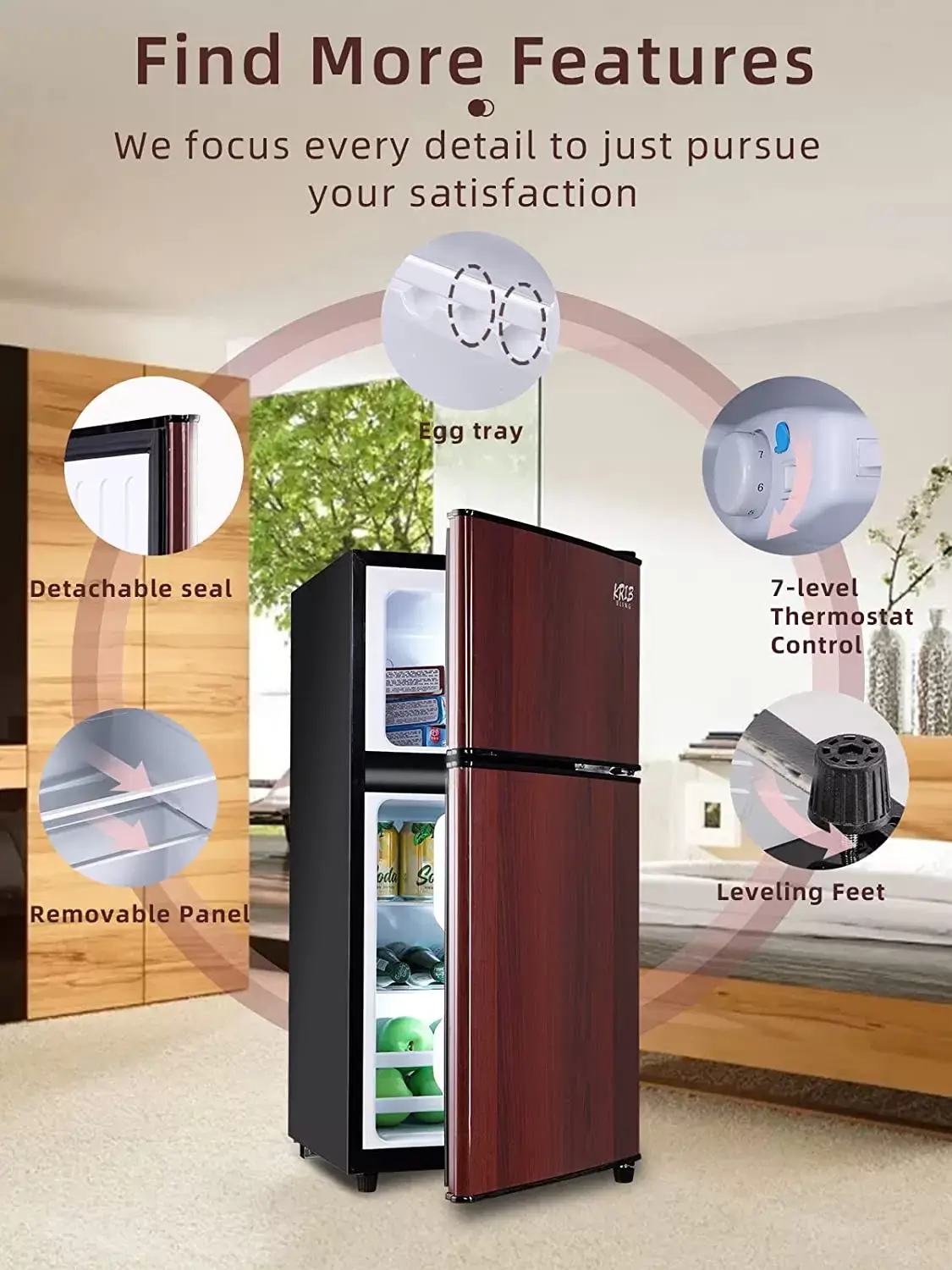 KRIB BLING Mini Fridge with Freezer on Top, 3.5 Cu.Ft Compact Refrigerator with 7 Levels Adjustable Thermostat, Small Fridge for Dorm, Office, RV Camping, Silver