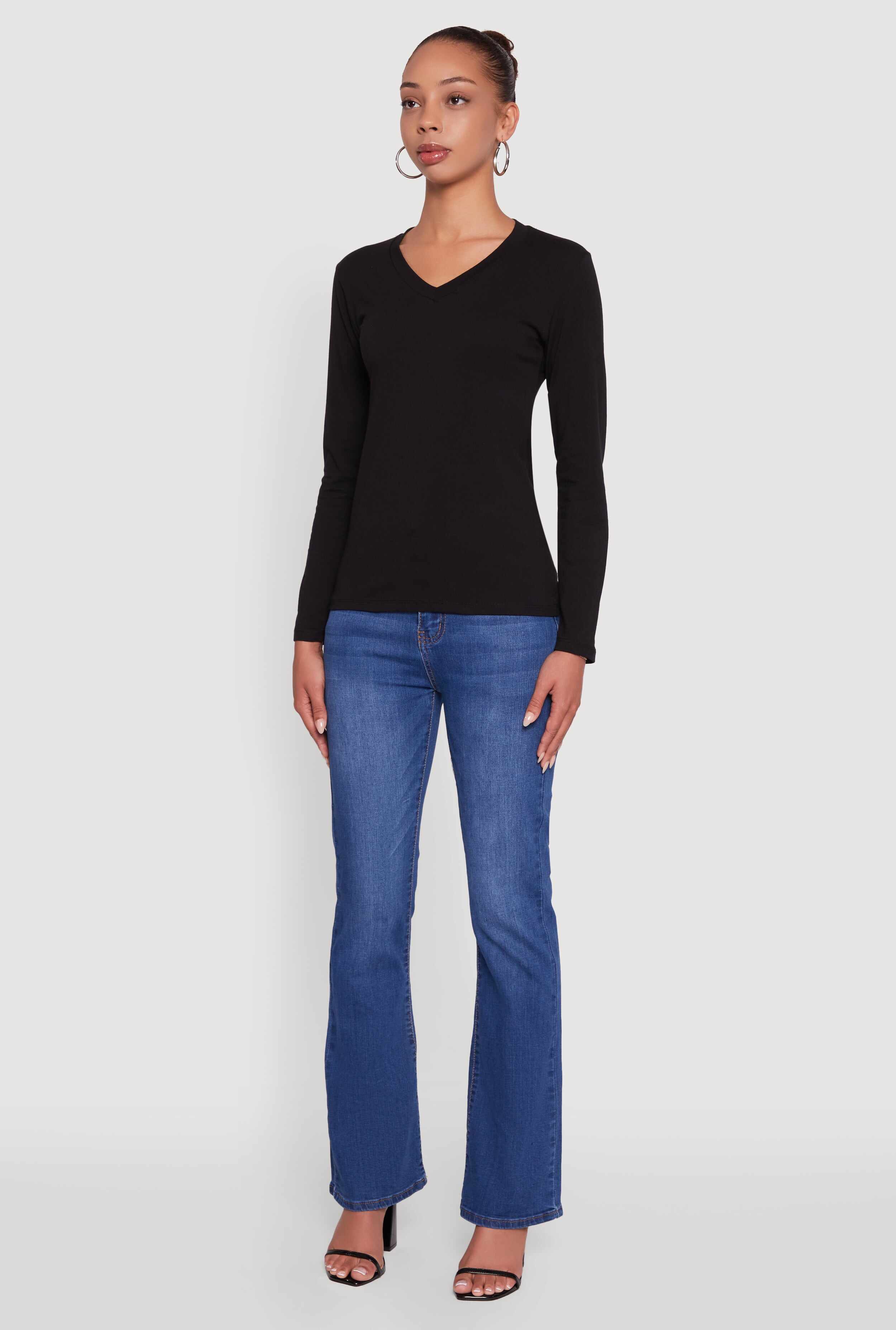V-Neck Long Sleeve Solid T-Shirt