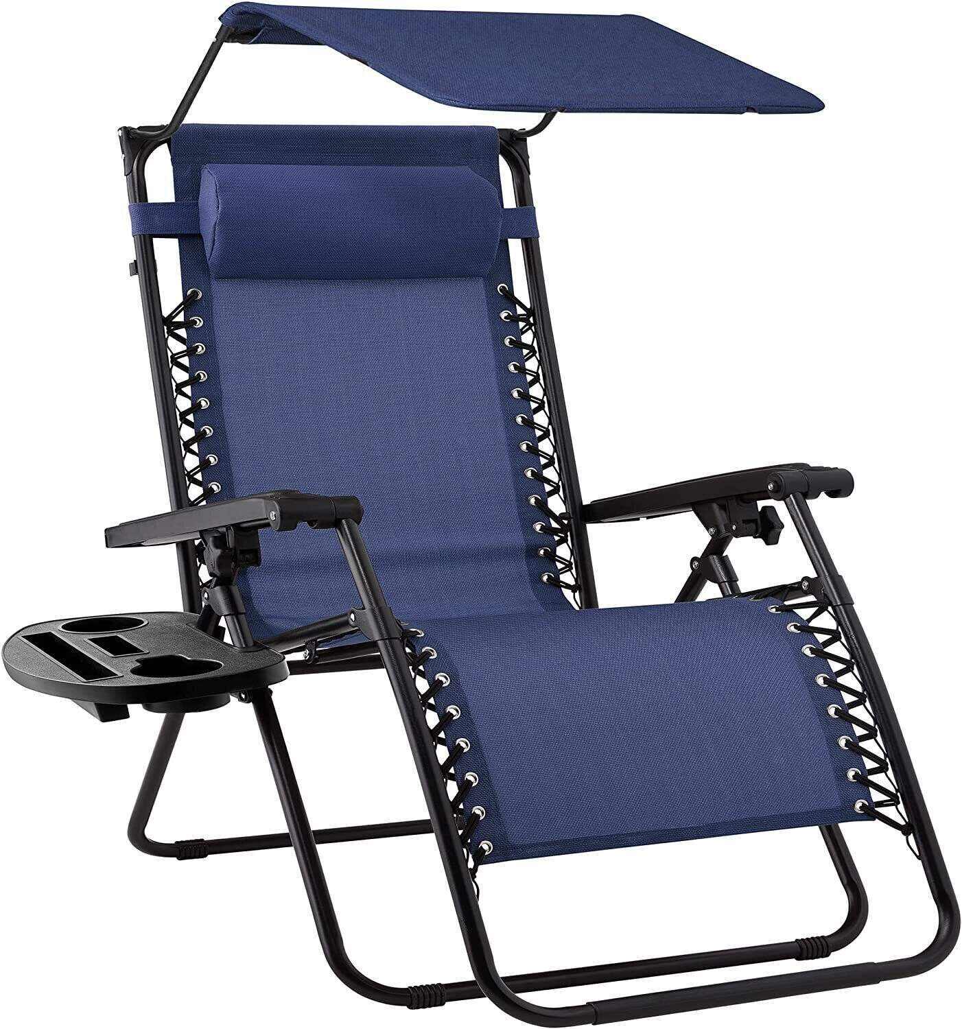 Folding Zero Gravity Recliner Patio Lounge Chair w/Adjustable Canopy Shade, Headrest, Side Accessory Tray, Textilene Mesh - Beige