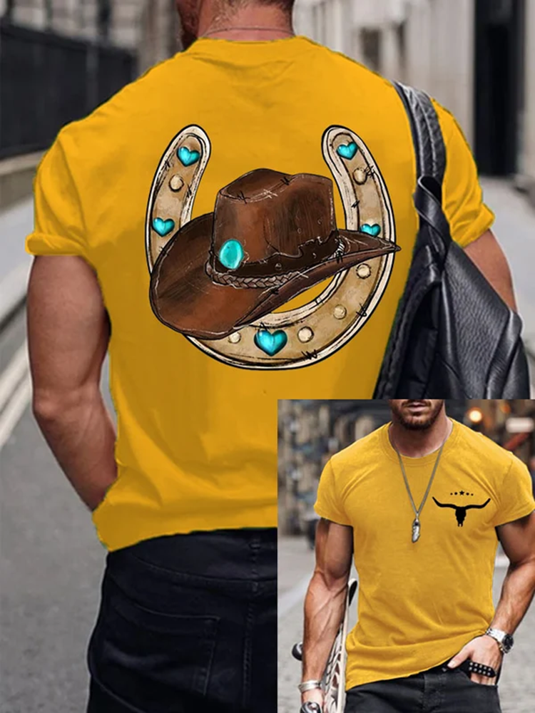 Men'S Western Hat Print Short Sleeve T Shirt