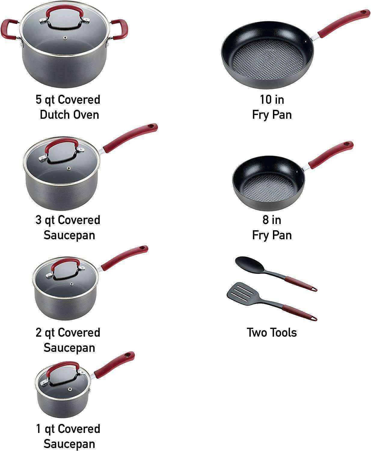 Ultimate Hard Anodized Nonstick Cookware Set 12 Piece Pots and Pans, Dishwasher Safe Red