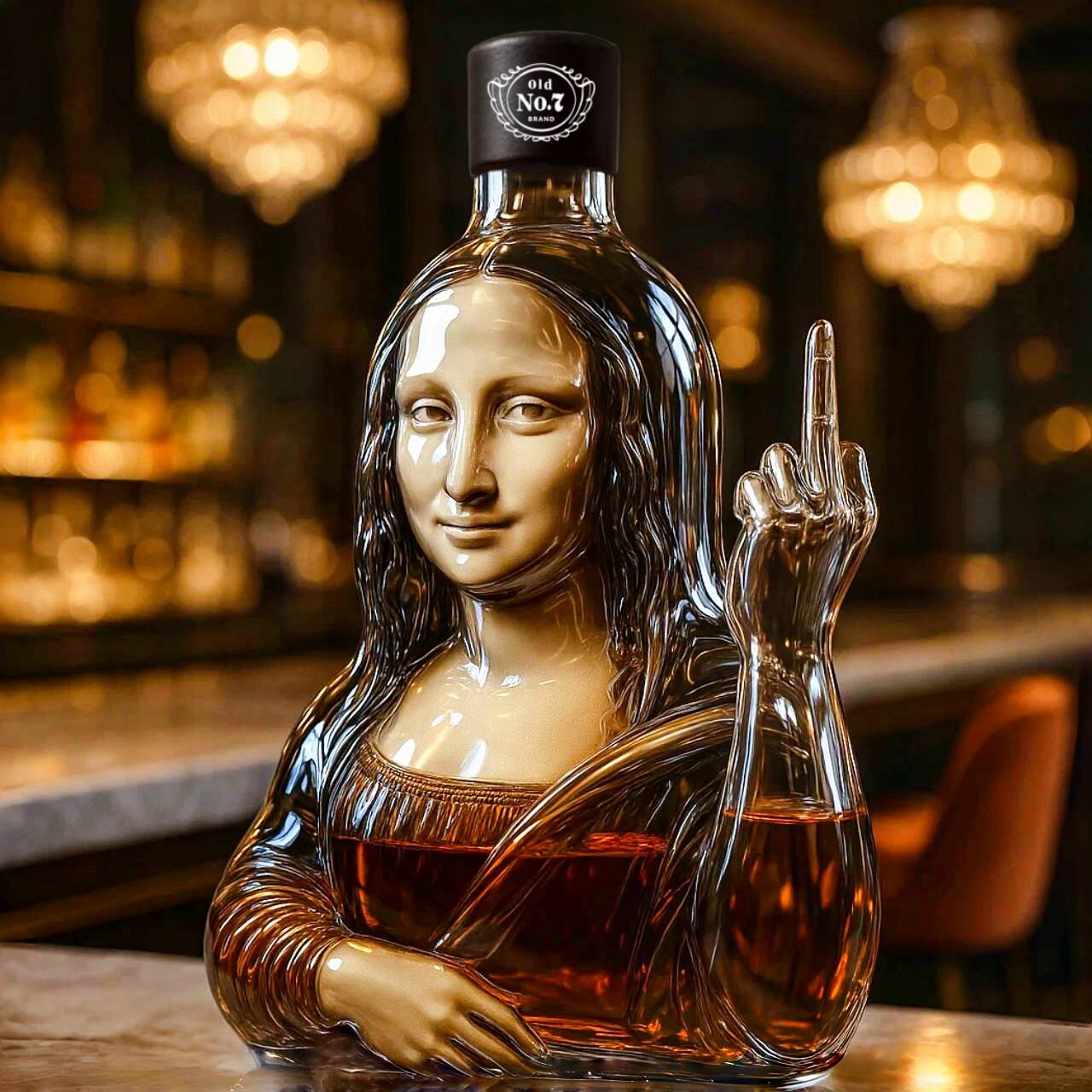 Funny middle finger Mona Lisa whiskey bottle