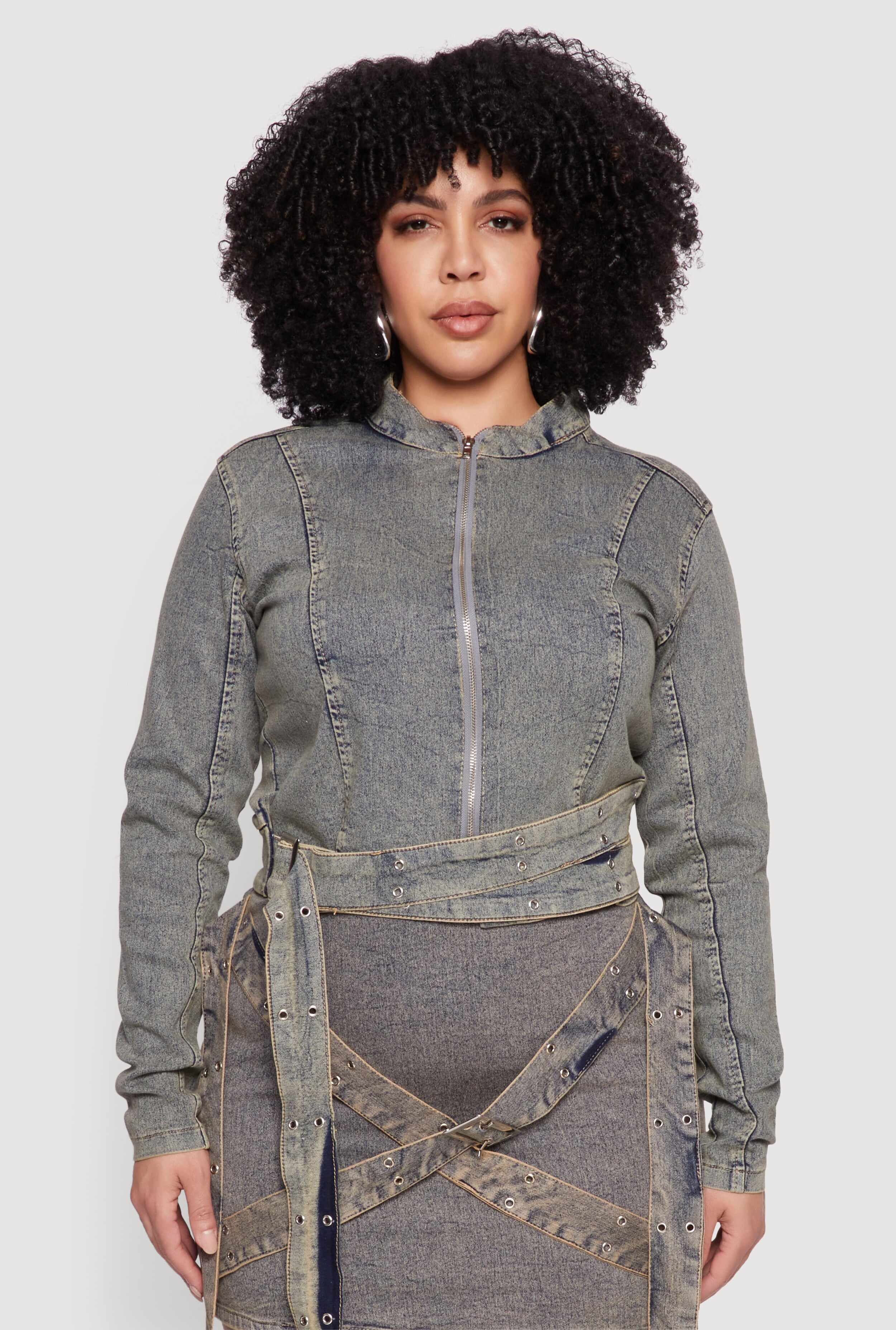 Plus Size Mineral Wash Buckle Strap Jean Jacket
