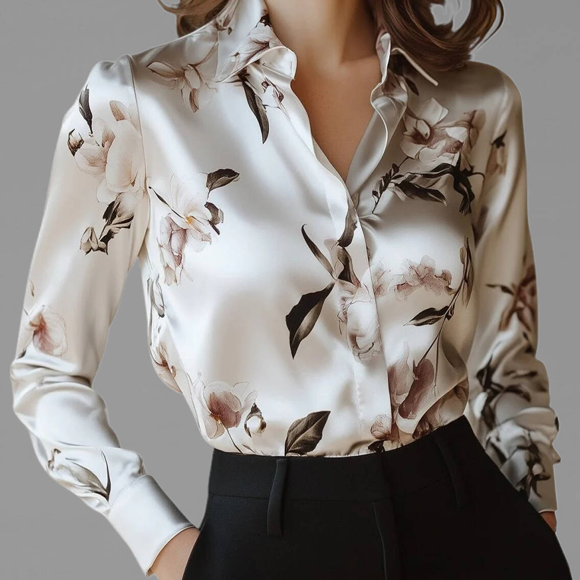 Women's Chiffon Shirt Collar Long Sleeve Button Floral Print Blouse